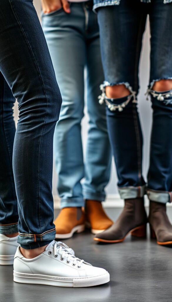 A meticulously curated collection of diverse denim footwear pairings, showcasing a harmonious blend of textures and silhouettes. In the foreground, a sleek pair of dark-wash skinny jeans, their cuffs subtly rolled, paired with a set of minimalist white leather sneakers. In the middle ground, a classic medium-wash straight-leg jean is complemented by a timeless pair of tan suede chelsea boots. In the background, a relaxed, light-wash boyfriend jean is effortlessly complemented by a pair of distressed denim ankle boots, their worn-in appearance adding a touch of rugged charm. The lighting is soft and diffused, creating a warm, inviting atmosphere that highlights the intricate details and textures of the denim and footwear. The camera angle is slightly elevated, capturing the harmonious interplay of the different denim-footwear pairings. A meticulously curated collection of diverse denim footwear pairings, showcasing a harmonious blend of textures and silhouettes. In the foreground, a sleek pair of dark-wash skinny jeans, their cuffs subtly rolled, paired with a set of minimalist white leather sneakers. In the middle ground, a classic medium-wash straight-leg jean is complemented by a timeless pair of tan suede chelsea boots. In the background, a relaxed, light-wash boyfriend jean is effortlessly complemented by a pair of distressed denim ankle boots, their worn-in appearance adding a touch of rugged charm. The lighting is soft and diffused, creating a warm, inviting atmosphere that highlights the intricate details and textures of the denim and footwear. The camera angle is slightly elevated, capturing the harmonious interplay of the different denim-footwear pairings.