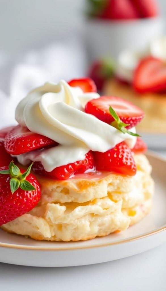 A meticulously styled and lit photograph of a classic strawberry shortcake dessert, featuring a fluffy buttermilk biscuit base topped with fresh, juicy strawberries and a generous dollop of freshly whipped cream. The biscuit is perfectly golden-brown, with a delicate, flaky texture. The strawberries are vibrant red, glistening with a light glaze. The cream is smooth and creamy, adding a luscious, indulgent contrast. The composition is balanced, with the dessert positioned on a crisp, white background, allowing the colors and textures to shine. Soft, diffused lighting casts a warm, inviting glow, accentuating the springtime freshness of the ingredients. The overall presentation evokes the comforting, homespun appeal of a classic strawberry shortcake recipe, perfect for a seasonal spring gathering. A meticulously styled and lit photograph of a classic strawberry shortcake dessert, featuring a fluffy buttermilk biscuit base topped with fresh, juicy strawberries and a generous dollop of freshly whipped cream. The biscuit is perfectly golden-brown, with a delicate, flaky texture. The strawberries are vibrant red, glistening with a light glaze. The cream is smooth and creamy, adding a luscious, indulgent contrast. The composition is balanced, with the dessert positioned on a crisp, white background, allowing the colors and textures to shine. Soft, diffused lighting casts a warm, inviting glow, accentuating the springtime freshness of the ingredients. The overall presentation evokes the comforting, homespun appeal of a classic strawberry shortcake recipe, perfect for a seasonal spring gathering.