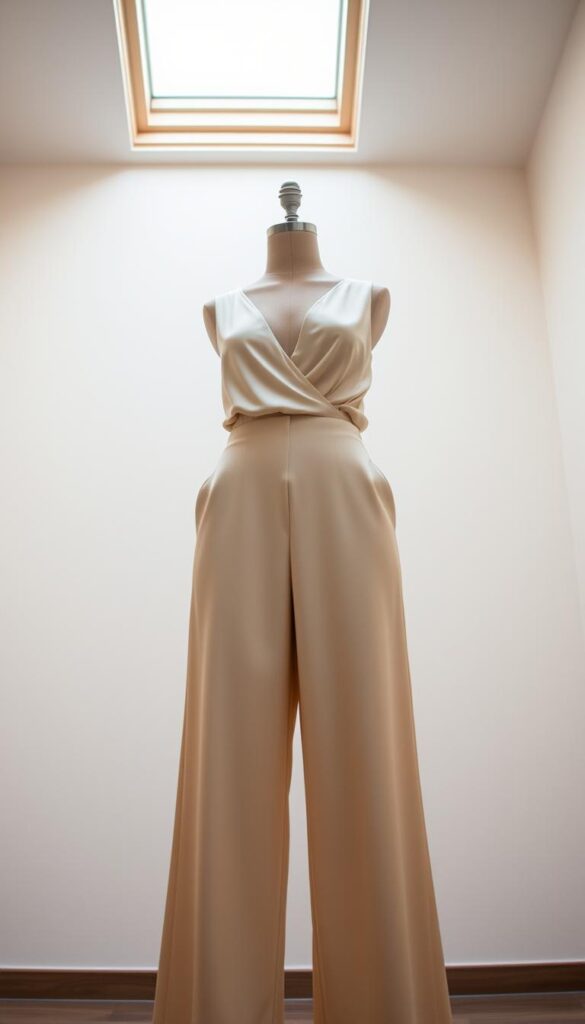 A meticulously tailored jumpsuit in a luxurious silk fabric, gently draping over the form to create an elegant, flowing silhouette. The deep v-neckline and sleeveless design exude refined summer style, complemented by a high-waisted, wide-leg cut that elongates the legs for a graceful, statuesque appearance. Soft natural lighting from an overhead skylight casts a warm, ambient glow, highlighting the sumptuous sheen of the material. The overall impression is one of effortless sophistication and timeless chic, perfect for a summer evening of elegance. A meticulously tailored jumpsuit in a luxurious silk fabric, gently draping over the form to create an elegant, flowing silhouette. The deep v-neckline and sleeveless design exude refined summer style, complemented by a high-waisted, wide-leg cut that elongates the legs for a graceful, statuesque appearance. Soft natural lighting from an overhead skylight casts a warm, ambient glow, highlighting the sumptuous sheen of the material. The overall impression is one of effortless sophistication and timeless chic, perfect for a summer evening of elegance.