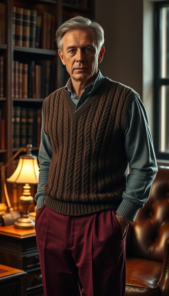 A middle-aged academic stands in a dimly lit study, wearing a vintage-inspired sweater vest in earthy tones. The vest is paired with high-waisted trousers in a rich burgundy hue, creating a timeless, scholarly look. Soft, warm lighting from a nearby desk lamp casts a cozy glow, accentuating the textured knit of the sweater vest. In the background, bookshelves filled with leather-bound volumes and a worn leather armchair suggest an atmosphere of intellectual contemplation. The figure's expression is pensive, hinting at a deep connection to the academic tradition embodied by the outfit. A middle-aged academic stands in a dimly lit study, wearing a vintage-inspired sweater vest in earthy tones. The vest is paired with high-waisted trousers in a rich burgundy hue, creating a timeless, scholarly look. Soft, warm lighting from a nearby desk lamp casts a cozy glow, accentuating the textured knit of the sweater vest. In the background, bookshelves filled with leather-bound volumes and a worn leather armchair suggest an atmosphere of intellectual contemplation. The figure's expression is pensive, hinting at a deep connection to the academic tradition embodied by the outfit.