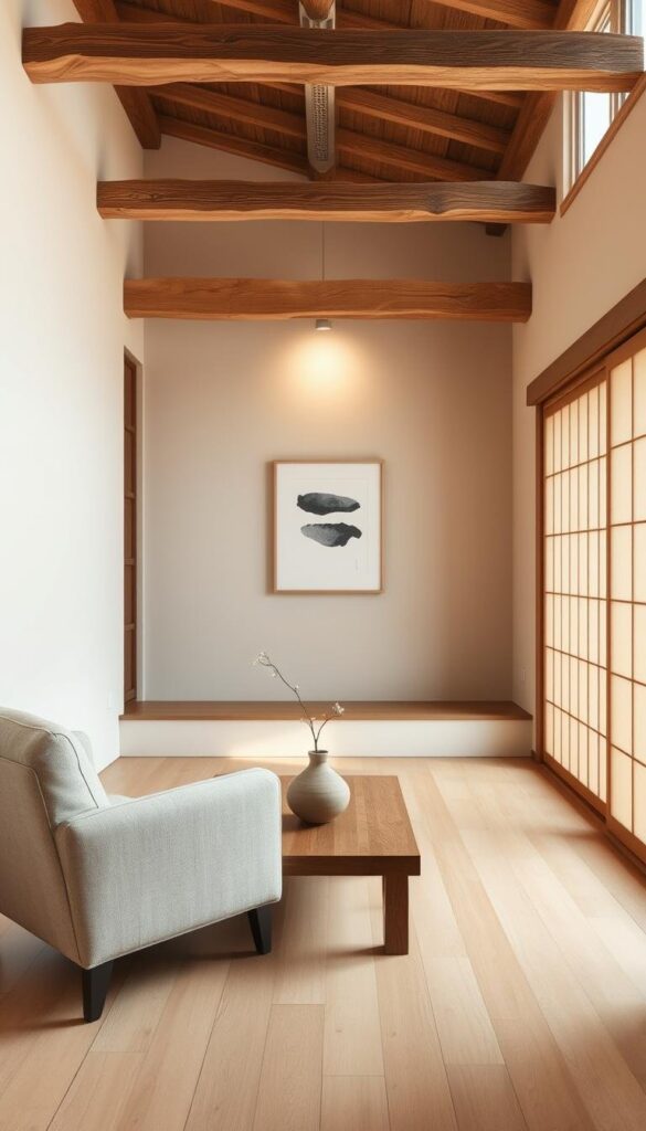 A minimalist Japanese-inspired interior with wabi-sabi elements. A serene, natural-lit living room with a low wooden table, a linen-upholstered armchair, and a simple ceramic vase holding a single stem. Warm, diffused lighting from a concealed ceiling fixture casts a soft glow. The walls are a pale, earthy plaster. Rough-hewn wood beams run overhead, adding rustic texture. The floor is covered in smooth, wide-plank wood planks. A single framed abstract artwork hangs on the wall, its asymmetric brushstrokes suggesting imperfect beauty. An open shoji screen partially obscures the scene, creating a sense of tranquil privacy. A minimalist Japanese-inspired interior with wabi-sabi elements. A serene, natural-lit living room with a low wooden table, a linen-upholstered armchair, and a simple ceramic vase holding a single stem. Warm, diffused lighting from a concealed ceiling fixture casts a soft glow. The walls are a pale, earthy plaster. Rough-hewn wood beams run overhead, adding rustic texture. The floor is covered in smooth, wide-plank wood planks. A single framed abstract artwork hangs on the wall, its asymmetric brushstrokes suggesting imperfect beauty. An open shoji screen partially obscures the scene, creating a sense of tranquil privacy.