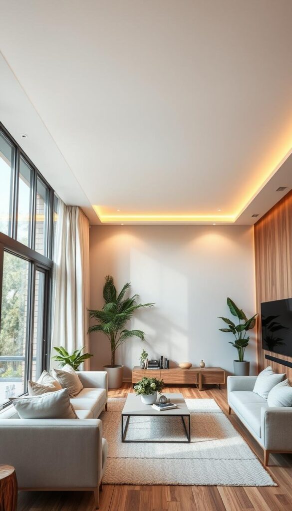 A minimalist and modern living room with sleek, recessed smart lighting fixtures that seamlessly blend into the ceiling. The lighting is adjustable, energy-efficient, and enables precise control over brightness and color temperature to create the perfect ambiance. Warm, diffused illumination bathes the room, accentuating the natural textures of the sustainable, eco-friendly decor - smooth wood surfaces, plush fabrics, and lush greenery. Large windows allow natural daylight to flood the space, complementing the smart lighting system. An atmosphere of calm, comfort, and sophisticated style pervades the scene, reflecting the harmony of technology and design in a sustainable home. A minimalist and modern living room with sleek, recessed smart lighting fixtures that seamlessly blend into the ceiling. The lighting is adjustable, energy-efficient, and enables precise control over brightness and color temperature to create the perfect ambiance. Warm, diffused illumination bathes the room, accentuating the natural textures of the sustainable, eco-friendly decor - smooth wood surfaces, plush fabrics, and lush greenery. Large windows allow natural daylight to flood the space, complementing the smart lighting system. An atmosphere of calm, comfort, and sophisticated style pervades the scene, reflecting the harmony of technology and design in a sustainable home.
