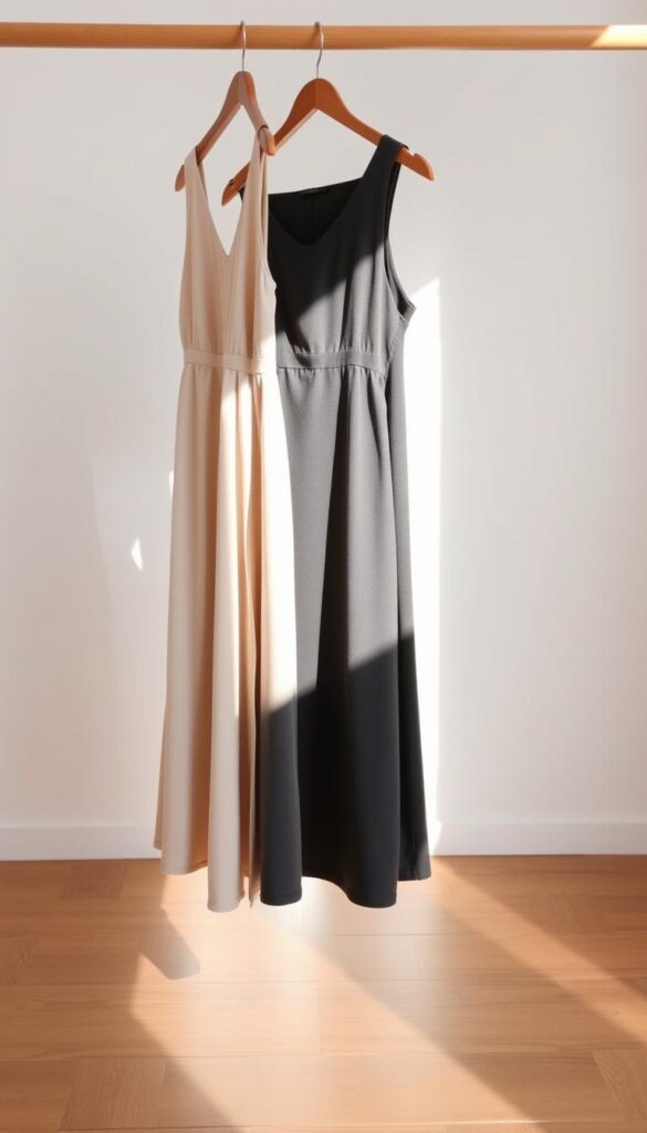A minimalist capsule wardrobe showcasing elegant dresses in a clean, contemporary style. In the foreground, three simple yet refined midi dresses in neutral tones of beige, black, and slate grey hang neatly on a wooden clothing rack. The dresses feature clean lines, subtle textures, and a timeless, versatile aesthetic. In the middle ground, a hardwood floor and a plain white wall create a minimal, uncluttered backdrop. Gentle natural lighting filters in, casting soft shadows and highlighting the dresses' refined silhouettes. The overall atmosphere is one of understated sophistication and effortless style, perfectly capturing the essence of a minimalist dress capsule wardrobe. A minimalist capsule wardrobe showcasing elegant dresses in a clean, contemporary style. In the foreground, three simple yet refined midi dresses in neutral tones of beige, black, and slate grey hang neatly on a wooden clothing rack. The dresses feature clean lines, subtle textures, and a timeless, versatile aesthetic. In the middle ground, a hardwood floor and a plain white wall create a minimal, uncluttered backdrop. Gentle natural lighting filters in, casting soft shadows and highlighting the dresses' refined silhouettes. The overall atmosphere is one of understated sophistication and effortless style, perfectly capturing the essence of a minimalist dress capsule wardrobe.