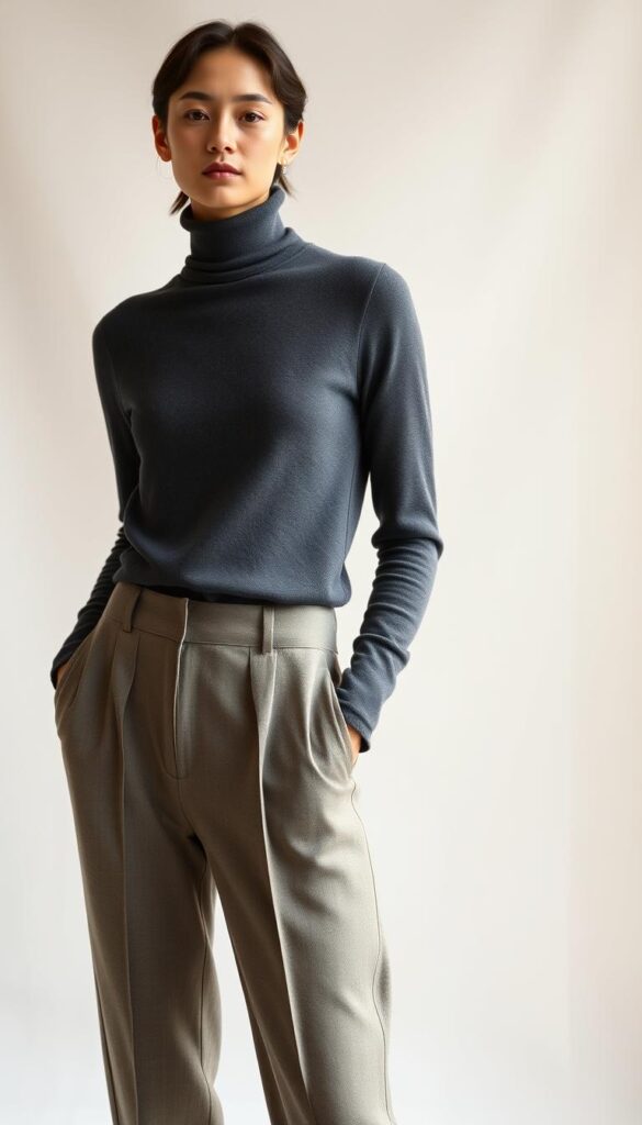 A minimalist fashion turtleneck and trousers outfit, captured in a serene, studio-like setting. The turtleneck is a muted charcoal gray, made of a soft, high-quality wool blend, with a clean, streamlined silhouette. The matching straight-leg trousers are crafted from a similar premium fabric, falling elegantly to the ankles. The lighting is soft and diffused, creating a sense of understated sophistication. The camera angle is slightly elevated, emphasizing the simplified, harmonious lines of the ensemble. The background is a plain, off-white seamless backdrop, allowing the focus to remain on the carefully curated, effortlessly cool outfit. A minimalist fashion turtleneck and trousers outfit, captured in a serene, studio-like setting. The turtleneck is a muted charcoal gray, made of a soft, high-quality wool blend, with a clean, streamlined silhouette. The matching straight-leg trousers are crafted from a similar premium fabric, falling elegantly to the ankles. The lighting is soft and diffused, creating a sense of understated sophistication. The camera angle is slightly elevated, emphasizing the simplified, harmonious lines of the ensemble. The background is a plain, off-white seamless backdrop, allowing the focus to remain on the carefully curated, effortlessly cool outfit.