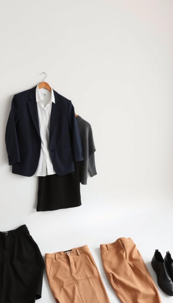 A minimalist, highly styled image of a capsule wardrobe's essential pieces. A clean, bright studio setting with a plain white backdrop. In the foreground, neatly arranged garments - a crisp white button-down shirt, a classic navy blazer, a pair of dark denim jeans, a neutral sweater, a versatile black skirt, and a pair of tan chinos. Overhead lighting creates soft shadows, highlighting the textures and forms of the clothing. The camera is positioned at a slight high angle, creating an aspirational, editorial feel. The mood is one of simplicity, timelessness, and effortless style - the building blocks of a well-curated capsule wardrobe. A minimalist, highly styled image of a capsule wardrobe's essential pieces. A clean, bright studio setting with a plain white backdrop. In the foreground, neatly arranged garments - a crisp white button-down shirt, a classic navy blazer, a pair of dark denim jeans, a neutral sweater, a versatile black skirt, and a pair of tan chinos. Overhead lighting creates soft shadows, highlighting the textures and forms of the clothing. The camera is positioned at a slight high angle, creating an aspirational, editorial feel. The mood is one of simplicity, timelessness, and effortless style - the building blocks of a well-curated capsule wardrobe.