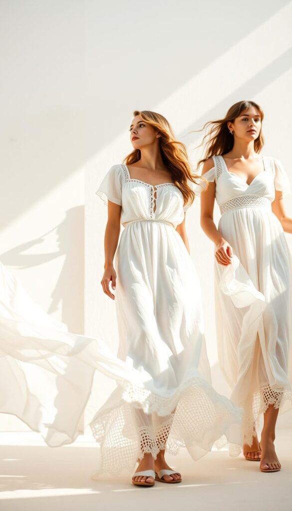 A minimalist summer oasis, bathed in soft, diffused light. Flowing, monochromatic silhouettes in shades of ivory, pearl, and champagne. Varied textures dance across the frame - billowing chiffon, crisp linen, delicate crochet. A breezy, effortless elegance permeates the scene. The camera captures the outfits from a low angle, highlighting the graceful lines and intricate details. Serene, understated, and utterly chic - a sartorial symphony in muted tones that epitomizes summertime sophistication. A minimalist summer oasis, bathed in soft, diffused light. Flowing, monochromatic silhouettes in shades of ivory, pearl, and champagne. Varied textures dance across the frame - billowing chiffon, crisp linen, delicate crochet. A breezy, effortless elegance permeates the scene. The camera captures the outfits from a low angle, highlighting the graceful lines and intricate details. Serene, understated, and utterly chic - a sartorial symphony in muted tones that epitomizes summertime sophistication.