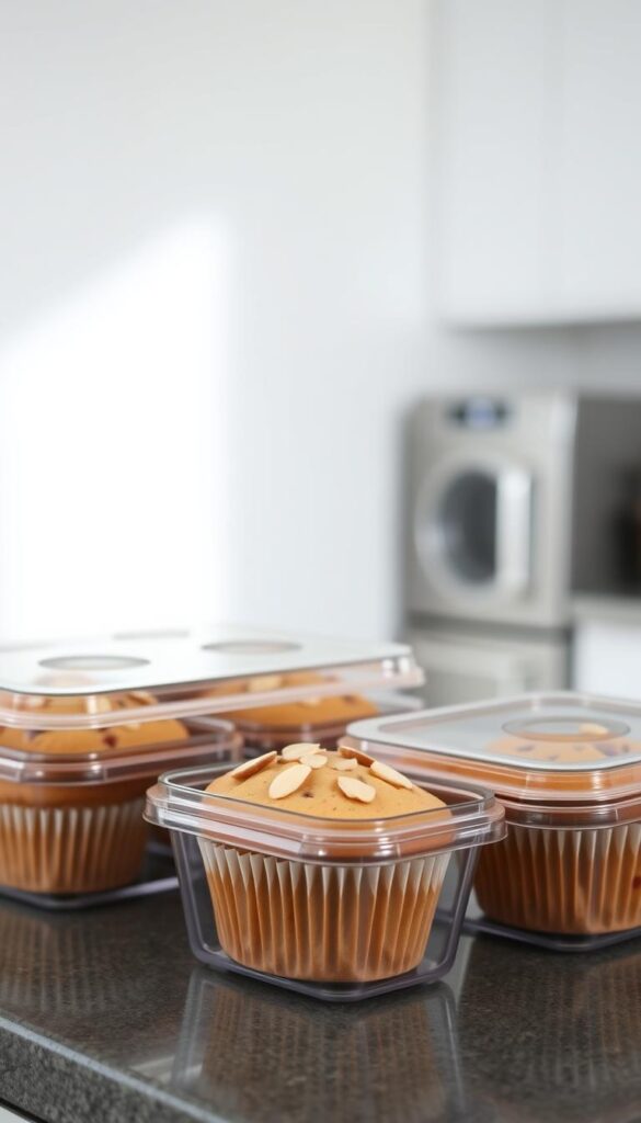 A minimalist, well-lit kitchen counter showcases a set of sleek, transparent muffin storage containers. Inside, freshly baked raspberry almond muffins with a dusting of sliced almonds sit neatly arranged, maintaining their soft, fluffy texture. The containers' airtight lids create an optimal environment, preserving the muffins' flavors and preventing them from drying out. A sense of order and culinary care pervades the scene, inviting the viewer to envision the delightful experience of enjoying these homemade treats at their peak freshness. A minimalist, well-lit kitchen counter showcases a set of sleek, transparent muffin storage containers. Inside, freshly baked raspberry almond muffins with a dusting of sliced almonds sit neatly arranged, maintaining their soft, fluffy texture. The containers' airtight lids create an optimal environment, preserving the muffins' flavors and preventing them from drying out. A sense of order and culinary care pervades the scene, inviting the viewer to envision the delightful experience of enjoying these homemade treats at their peak freshness.
