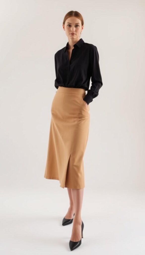 A minimalist yet elegant midi skirt outfit with a tucked-in top. A sleek, A-line midi skirt in a neutral tone, such as black or beige, paired with a simple, tucked-in button-up or blouse in a complementary color. The outfit is set against a plain, uncluttered background, allowing the focus to remain on the clean lines and sophisticated silhouette. The lighting is soft and diffused, creating a warm, inviting atmosphere. The camera angle is slightly elevated, capturing the outfit from a flattering, three-quarter view. The overall aesthetic conveys a sense of effortless chic and timeless style. A minimalist yet elegant midi skirt outfit with a tucked-in top. A sleek, A-line midi skirt in a neutral tone, such as black or beige, paired with a simple, tucked-in button-up or blouse in a complementary color. The outfit is set against a plain, uncluttered background, allowing the focus to remain on the clean lines and sophisticated silhouette. The lighting is soft and diffused, creating a warm, inviting atmosphere. The camera angle is slightly elevated, capturing the outfit from a flattering, three-quarter view. The overall aesthetic conveys a sense of effortless chic and timeless style.