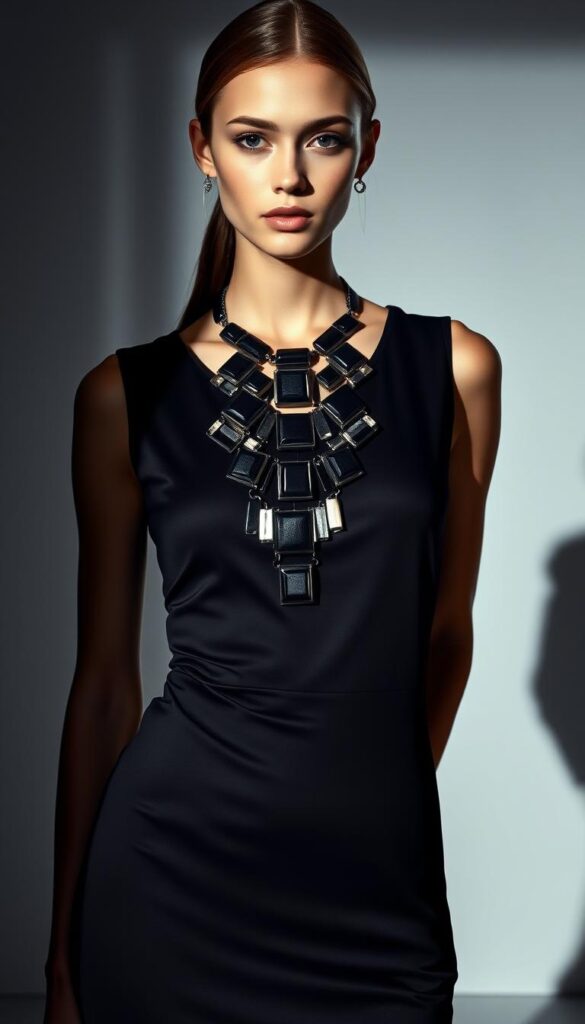 A model wearing a sleek, onyx black dress stands confidently, adorned with a striking statement necklace featuring bold geometric shapes and gleaming metallic accents. The necklace cascades elegantly over the dress, drawing the eye towards the model's face, which is lit with soft, directional lighting that casts dramatic shadows, imbuing the scene with an air of sophisticated allure. The background is a minimalist, chiaroscuro-inspired setting, with a subtle gradient that emphasizes the contrast between light and dark, amplifying the dramatic flair of the ensemble. A model wearing a sleek, onyx black dress stands confidently, adorned with a striking statement necklace featuring bold geometric shapes and gleaming metallic accents. The necklace cascades elegantly over the dress, drawing the eye towards the model's face, which is lit with soft, directional lighting that casts dramatic shadows, imbuing the scene with an air of sophisticated allure. The background is a minimalist, chiaroscuro-inspired setting, with a subtle gradient that emphasizes the contrast between light and dark, amplifying the dramatic flair of the ensemble.