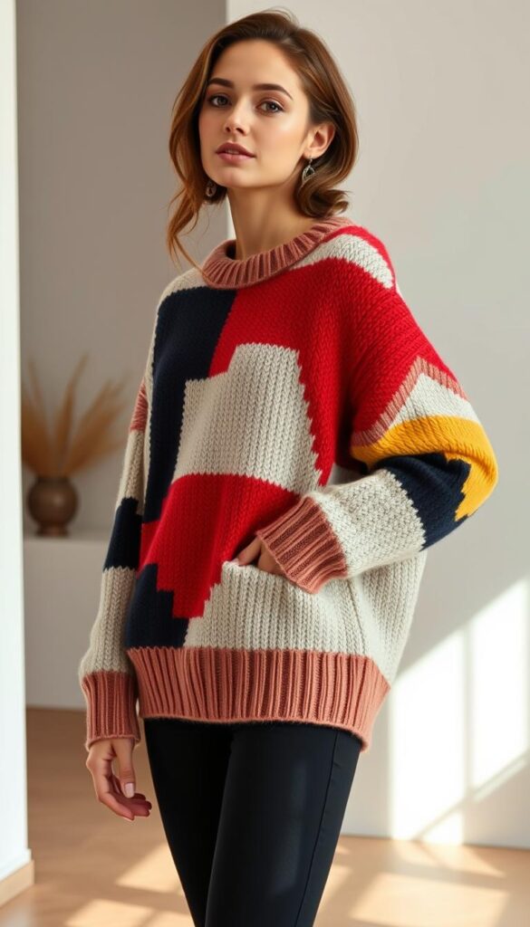 A model wearing a statement sweater with bold, geometric patterns in an artfully staged indoor setting. The sweater has an oversized, chunky knit with contrasting color blocks and abstract designs. The model is posed in a casual, relaxed stance against a minimalist backdrop, with soft, directional lighting highlighting the sweater's texture and colors. The scene conveys a cozy, autumnal mood with a focus on the eye-catching sweater as the central element. A model wearing a statement sweater with bold, geometric patterns in an artfully staged indoor setting. The sweater has an oversized, chunky knit with contrasting color blocks and abstract designs. The model is posed in a casual, relaxed stance against a minimalist backdrop, with soft, directional lighting highlighting the sweater's texture and colors. The scene conveys a cozy, autumnal mood with a focus on the eye-catching sweater as the central element.
