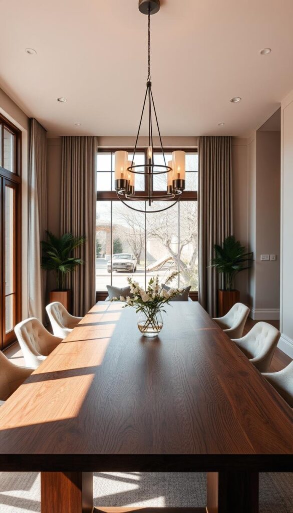 A modern and tastefully decorated dining room, with a large wooden dining table as the centerpiece. The table is made of a rich, dark-stained wood, with clean lines and a subtle, elegant design. A group of stylish chairs in neutral upholstery surround the table, creating an inviting and cohesive look. Soft, warm lighting from a contemporary chandelier casts a gentle glow over the scene, while large windows in the background allow natural light to pour in, illuminating the space. The walls are painted in a soothing, neutral color palette, complementing the wood tones and creating a serene, sophisticated atmosphere. A modern and tastefully decorated dining room, with a large wooden dining table as the centerpiece. The table is made of a rich, dark-stained wood, with clean lines and a subtle, elegant design. A group of stylish chairs in neutral upholstery surround the table, creating an inviting and cohesive look. Soft, warm lighting from a contemporary chandelier casts a gentle glow over the scene, while large windows in the background allow natural light to pour in, illuminating the space. The walls are painted in a soothing, neutral color palette, complementing the wood tones and creating a serene, sophisticated atmosphere.