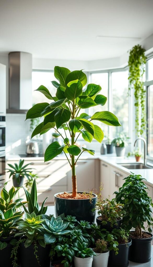 A modern and well-lit kitchen interior, featuring a variety of thriving indoor plants arranged as stylish decor. In the foreground, a lush potted fiddle-leaf fig tree stands tall, its broad leaves casting soft shadows. Surrounding it, smaller potted succulents, herbs, and trailing vines adorn the kitchen countertops and windowsills, creating a harmonious and nature-inspired ambiance. The middle ground showcases sleek, minimalist cabinetry and appliances, seamlessly integrating the natural elements. The background reveals large windows, allowing ample natural light to flood the space and further enhance the verdant, serene atmosphere. The overall scene conveys a sense of freshness, tranquility, and a celebration of bringing the outdoors in. A modern and well-lit kitchen interior, featuring a variety of thriving indoor plants arranged as stylish decor. In the foreground, a lush potted fiddle-leaf fig tree stands tall, its broad leaves casting soft shadows. Surrounding it, smaller potted succulents, herbs, and trailing vines adorn the kitchen countertops and windowsills, creating a harmonious and nature-inspired ambiance. The middle ground showcases sleek, minimalist cabinetry and appliances, seamlessly integrating the natural elements. The background reveals large windows, allowing ample natural light to flood the space and further enhance the verdant, serene atmosphere. The overall scene conveys a sense of freshness, tranquility, and a celebration of bringing the outdoors in.