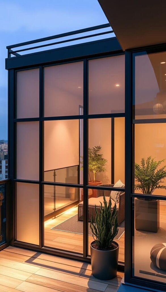 A modern balcony with a sleek and stylish privacy screen system. High-quality aluminum frames support a range of customizable translucent panels that filter sunlight while maintaining an open, airy feel. The panels create visual privacy without obstructing the view, perfectly complementing the contemporary balcony design. Soft, diffused lighting from concealed fixtures illuminates the space, establishing a warm, welcoming ambiance. The overall aesthetic seamlessly blends form and function, transforming the balcony into a serene, secluded oasis within the urban landscape. A modern balcony with a sleek and stylish privacy screen system. High-quality aluminum frames support a range of customizable translucent panels that filter sunlight while maintaining an open, airy feel. The panels create visual privacy without obstructing the view, perfectly complementing the contemporary balcony design. Soft, diffused lighting from concealed fixtures illuminates the space, establishing a warm, welcoming ambiance. The overall aesthetic seamlessly blends form and function, transforming the balcony into a serene, secluded oasis within the urban landscape.