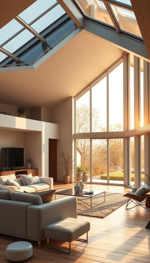 A modern, eco-friendly smart home interior with sleek, minimalist furniture and smart home appliances seamlessly integrated into the decor. Warm, natural lighting filters through large windows, casting a cozy glow on a central living space. Solar panels on the roof provide sustainable energy, while smart home systems automate climate control and energy efficiency. Discrete smart home sensors and voice assistants blend into the room's neutral color palette and organic textures. An elegant, futuristic aesthetic that effortlessly combines high-tech functionality with sustainable, mindful design. A modern, eco-friendly smart home interior with sleek, minimalist furniture and smart home appliances seamlessly integrated into the decor. Warm, natural lighting filters through large windows, casting a cozy glow on a central living space. Solar panels on the roof provide sustainable energy, while smart home systems automate climate control and energy efficiency. Discrete smart home sensors and voice assistants blend into the room's neutral color palette and organic textures. An elegant, futuristic aesthetic that effortlessly combines high-tech functionality with sustainable, mindful design.