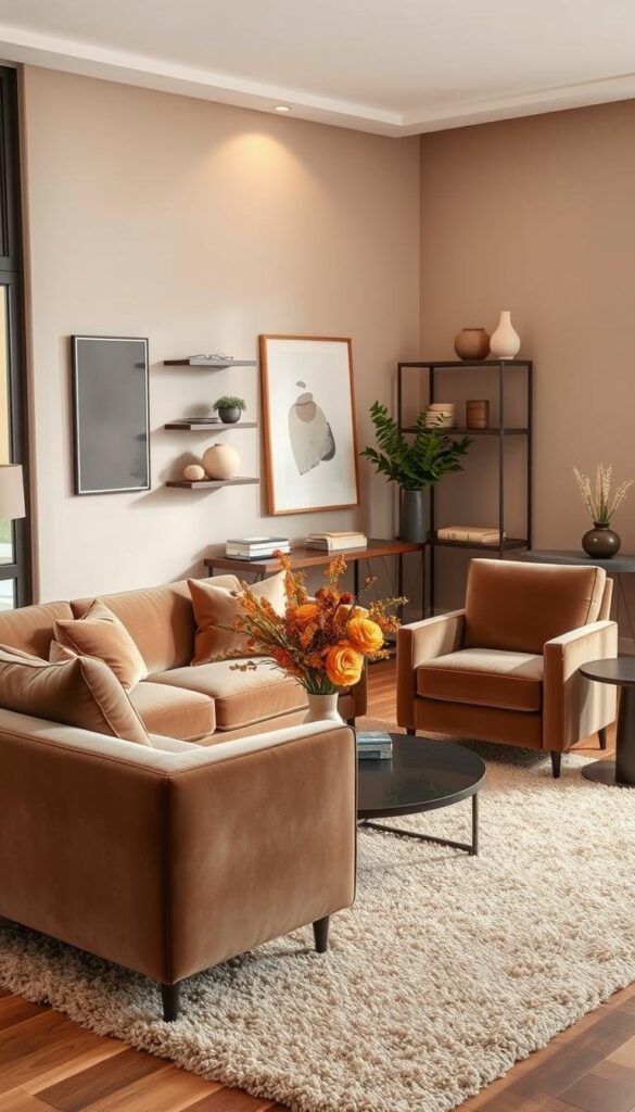 A modern living room filled with chic, minimalist home accessories in shades of mocha mousse. In the foreground, a plush velvet sofa and matching armchair sit atop a beige shag rug. On the coffee table, a ceramic vase holds a lush bouquet of warm-toned flowers. Placed strategically around the room are sleek, matte-finished side tables and shelves displaying stylish decor pieces like ceramic vases, potted plants, and abstract wall art. Soft, indirect lighting casts a cozy, inviting glow, while large windows allow natural light to flood the space. The overall atmosphere is one of refined elegance and tranquility, perfectly embodying the comforting mocha mousse aesthetic. A modern living room filled with chic, minimalist home accessories in shades of mocha mousse. In the foreground, a plush velvet sofa and matching armchair sit atop a beige shag rug. On the coffee table, a ceramic vase holds a lush bouquet of warm-toned flowers. Placed strategically around the room are sleek, matte-finished side tables and shelves displaying stylish decor pieces like ceramic vases, potted plants, and abstract wall art. Soft, indirect lighting casts a cozy, inviting glow, while large windows allow natural light to flood the space. The overall atmosphere is one of refined elegance and tranquility, perfectly embodying the comforting mocha mousse aesthetic.