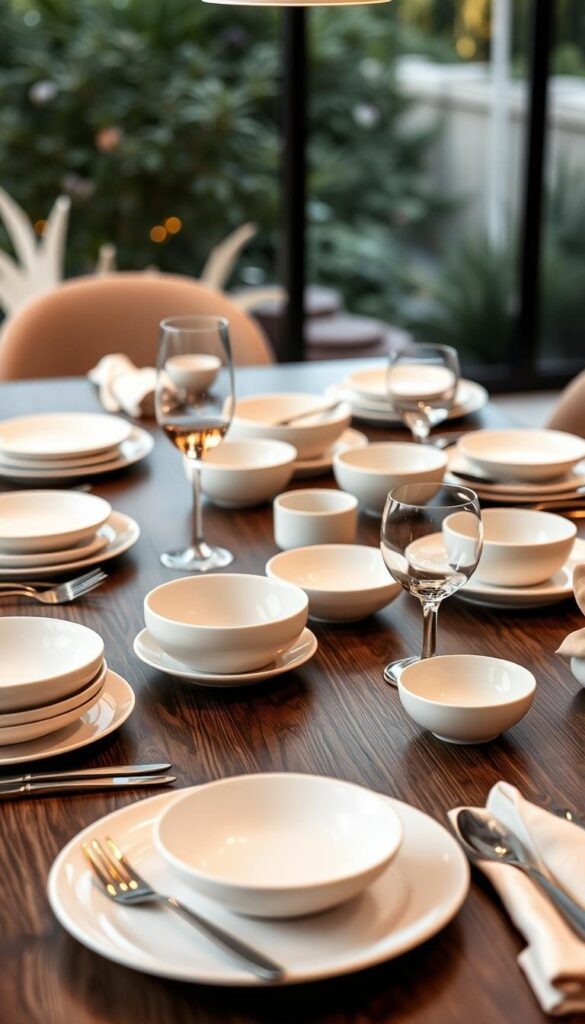 A modern, minimalist dining table setting with a variety of elegant dinnerware. The foreground features an array of refined porcelain plates, bowls, and serving dishes in neutral tones of white, cream, and light gray. The middle ground showcases simple yet sophisticated cutlery, glassware, and linen napkins, all arranged in a harmonious, visually pleasing layout. The background is a softly blurred, natural setting with warm, ambient lighting, creating a serene and inviting atmosphere for a stylish dining experience. A modern, minimalist dining table setting with a variety of elegant dinnerware. The foreground features an array of refined porcelain plates, bowls, and serving dishes in neutral tones of white, cream, and light gray. The middle ground showcases simple yet sophisticated cutlery, glassware, and linen napkins, all arranged in a harmonious, visually pleasing layout. The background is a softly blurred, natural setting with warm, ambient lighting, creating a serene and inviting atmosphere for a stylish dining experience.
