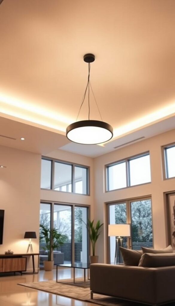 A modern, minimalist lighting design showcasing clean lines, geometric shapes, and a mix of direct and indirect illumination. The scene features a well-lit living room with a sleek, pendant lighting fixture hanging from the ceiling, casting a warm glow over a stylish furniture arrangement. The walls are painted in a neutral color scheme, allowing the lighting to take center stage. The middle ground includes a side table with a contemporary table lamp, while the background showcases large windows that flood the space with natural light. The overall atmosphere is one of sophistication, functionality, and attention to detail, creating a harmonious and visually appealing environment. A modern, minimalist lighting design showcasing clean lines, geometric shapes, and a mix of direct and indirect illumination. The scene features a well-lit living room with a sleek, pendant lighting fixture hanging from the ceiling, casting a warm glow over a stylish furniture arrangement. The walls are painted in a neutral color scheme, allowing the lighting to take center stage. The middle ground includes a side table with a contemporary table lamp, while the background showcases large windows that flood the space with natural light. The overall atmosphere is one of sophistication, functionality, and attention to detail, creating a harmonious and visually appealing environment.