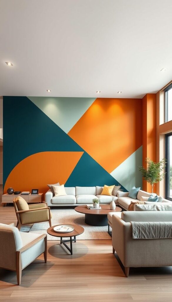 A modern, minimalist living room with a focal wall showcasing vibrant color blocking techniques. The wall features geometric shapes in a harmonious palette of deep azure, warm ochre, and soft sage. Indirect lighting from recessed fixtures creates a cozy, inviting atmosphere, while large windows allow natural light to flood the space. The room is furnished with clean-lined, Scandinavian-inspired furniture in neutral tones, creating a serene and balanced composition. The color-blocked wall stands out as the visual centerpiece, drawing the eye and establishing a strong focal point in the design. A modern, minimalist living room with a focal wall showcasing vibrant color blocking techniques. The wall features geometric shapes in a harmonious palette of deep azure, warm ochre, and soft sage. Indirect lighting from recessed fixtures creates a cozy, inviting atmosphere, while large windows allow natural light to flood the space. The room is furnished with clean-lined, Scandinavian-inspired furniture in neutral tones, creating a serene and balanced composition. The color-blocked wall stands out as the visual centerpiece, drawing the eye and establishing a strong focal point in the design.