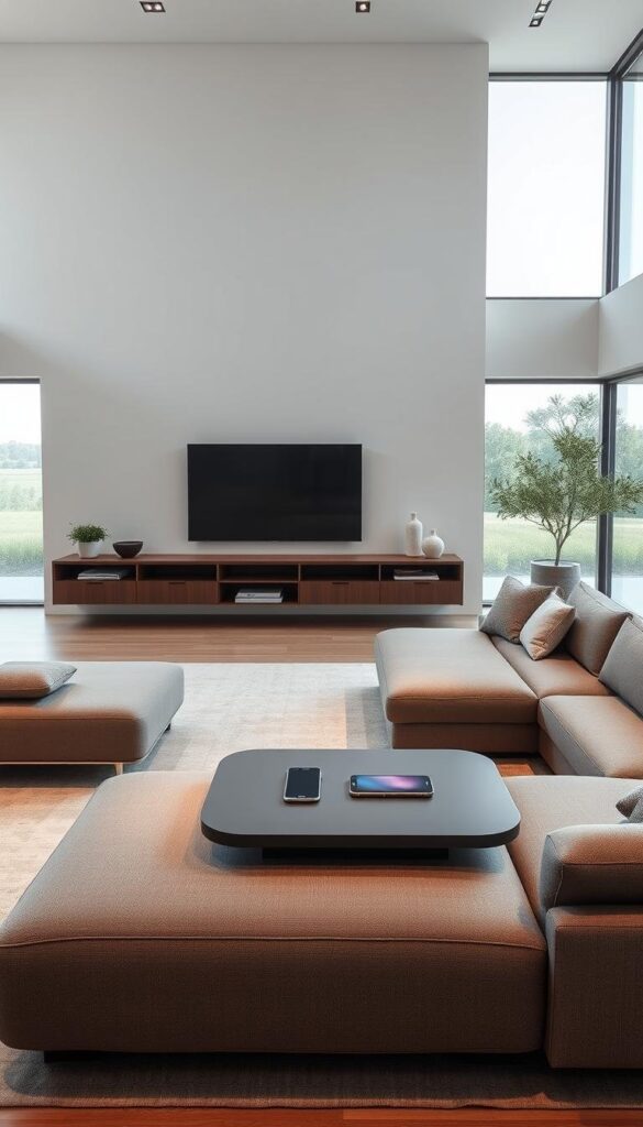 A modern, minimalist living room with sleek, functional smart furniture solutions. In the foreground, a floating entertainment unit with integrated voice controls and hidden storage compartments. A large, L-shaped sofa in soft gray fabric blends seamlessly with the space. In the middle ground, a modular coffee table with wireless charging pads and adjustable height. The background features floor-to-ceiling windows, letting in abundant natural light and offering a serene outdoor view. Accents of warm wood and muted metallic tones create a harmonious, technology-enhanced ambiance. Subtle ambient lighting and clean lines contribute to the overall sense of sophisticated minimalism. A modern, minimalist living room with sleek, functional smart furniture solutions. In the foreground, a floating entertainment unit with integrated voice controls and hidden storage compartments. A large, L-shaped sofa in soft gray fabric blends seamlessly with the space. In the middle ground, a modular coffee table with wireless charging pads and adjustable height. The background features floor-to-ceiling windows, letting in abundant natural light and offering a serene outdoor view. Accents of warm wood and muted metallic tones create a harmonious, technology-enhanced ambiance. Subtle ambient lighting and clean lines contribute to the overall sense of sophisticated minimalism.