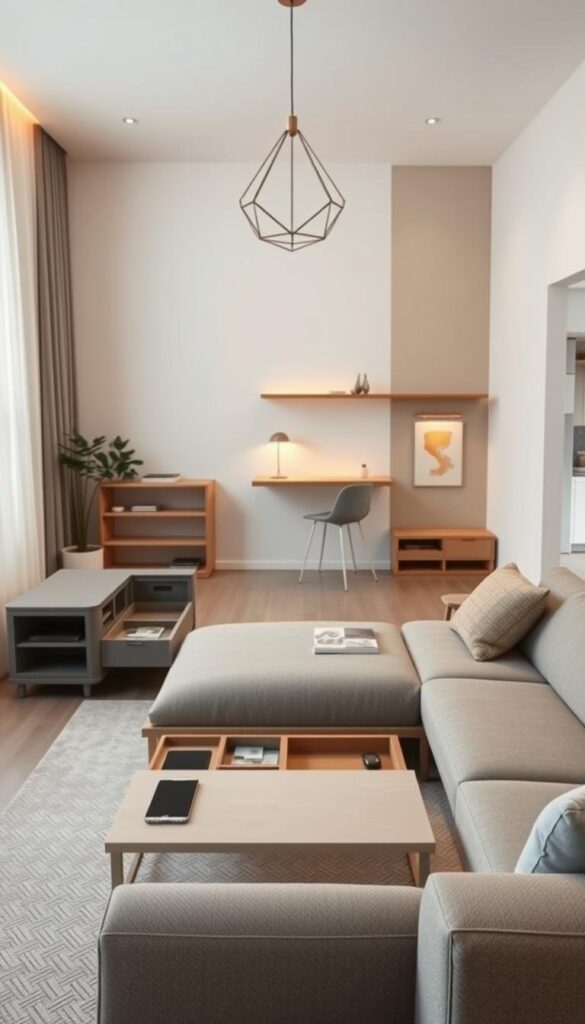 A modern, minimalist living space with versatile, space-saving furniture pieces. In the foreground, a sleek, modular sofa with hidden storage compartments effortlessly transforms into a cozy chaise lounge. In the middle ground, a multifunctional coffee table with integrated shelving and a built-in charging station. A wall-mounted, fold-down desk in the background seamlessly blends into the environment, providing a compact workspace. Soft, warm lighting from a geometric, pendant light fixture creates a cozy, inviting atmosphere. The entire scene is captured with a medium shot, showcasing the harmonious integration of functional, space-saving design elements. A modern, minimalist living space with versatile, space-saving furniture pieces. In the foreground, a sleek, modular sofa with hidden storage compartments effortlessly transforms into a cozy chaise lounge. In the middle ground, a multifunctional coffee table with integrated shelving and a built-in charging station. A wall-mounted, fold-down desk in the background seamlessly blends into the environment, providing a compact workspace. Soft, warm lighting from a geometric, pendant light fixture creates a cozy, inviting atmosphere. The entire scene is captured with a medium shot, showcasing the harmonious integration of functional, space-saving design elements.
