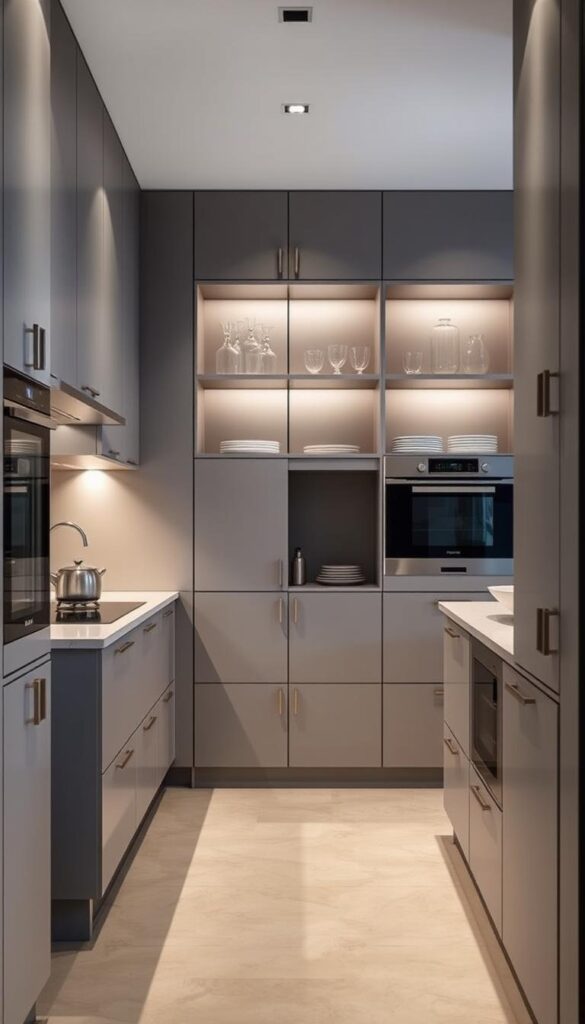 A modern, sleek kitchen with custom storage solutions designed for unique needs. Streamlined cabinetry in a muted palette, accented by minimalist hardware. Integrated appliances and hidden storage compartments maximize efficiency. Floating shelves display elegant glassware and ceramics, while a central island offers ample workspace and additional concealed storage. Soft, even lighting illuminates the clean lines and thoughtful design, creating a harmonious, high-end look. Captured at a medium angle to showcase the room's architectural elements and custom storage features. A modern, sleek kitchen with custom storage solutions designed for unique needs. Streamlined cabinetry in a muted palette, accented by minimalist hardware. Integrated appliances and hidden storage compartments maximize efficiency. Floating shelves display elegant glassware and ceramics, while a central island offers ample workspace and additional concealed storage. Soft, even lighting illuminates the clean lines and thoughtful design, creating a harmonious, high-end look. Captured at a medium angle to showcase the room's architectural elements and custom storage features.