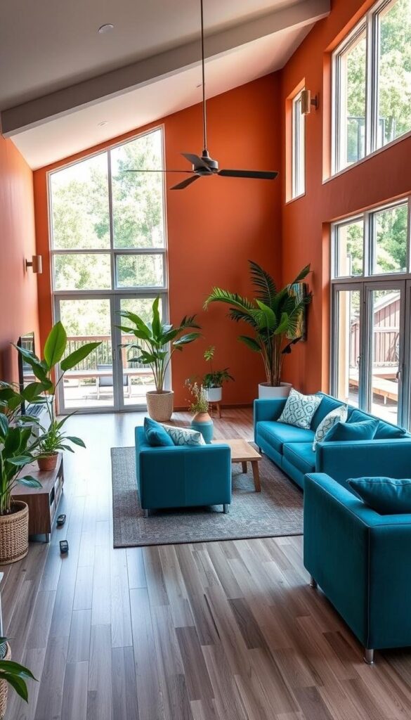 A modern, well-appointed summer home with a vibrant, inviting color palette. The interior features a spacious, open-concept living area with floor-to-ceiling windows that flood the space with warm, natural light. The walls are painted in a soothing, earthy tone, complemented by lush, verdant houseplants and stylish, minimalist furniture in shades of blue and green. Embedded within the decor are discreet smart home integrations, including voice-controlled lighting, automated climate systems, and seamlessly integrated media systems. The overall atmosphere is one of tranquility, comfort, and effortless technological integration, perfectly suited for a relaxing summer retreat. A modern, well-appointed summer home with a vibrant, inviting color palette. The interior features a spacious, open-concept living area with floor-to-ceiling windows that flood the space with warm, natural light. The walls are painted in a soothing, earthy tone, complemented by lush, verdant houseplants and stylish, minimalist furniture in shades of blue and green. Embedded within the decor are discreet smart home integrations, including voice-controlled lighting, automated climate systems, and seamlessly integrated media systems. The overall atmosphere is one of tranquility, comfort, and effortless technological integration, perfectly suited for a relaxing summer retreat.
