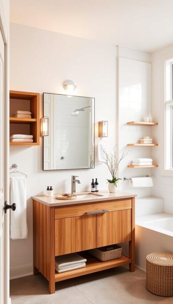 A modern, well-lit bathroom with clean, minimalist design elements. Warm, wood-toned vanity with open shelving, white subway tile walls, and a large, frameless mirror. Soft, ambient lighting from sconces and a large window casts a gentle glow. On the vanity, a few tasteful accessories like a decorative tray, potted plant, and simple faucet hardware. Practical yet stylish storage solutions, such as floating shelves and a linen closet, suggest affordable ways to maximize space and organization. An inviting, spa-like atmosphere that feels luxurious but achievable on a budget. A modern, well-lit bathroom with clean, minimalist design elements. Warm, wood-toned vanity with open shelving, white subway tile walls, and a large, frameless mirror. Soft, ambient lighting from sconces and a large window casts a gentle glow. On the vanity, a few tasteful accessories like a decorative tray, potted plant, and simple faucet hardware. Practical yet stylish storage solutions, such as floating shelves and a linen closet, suggest affordable ways to maximize space and organization. An inviting, spa-like atmosphere that feels luxurious but achievable on a budget.