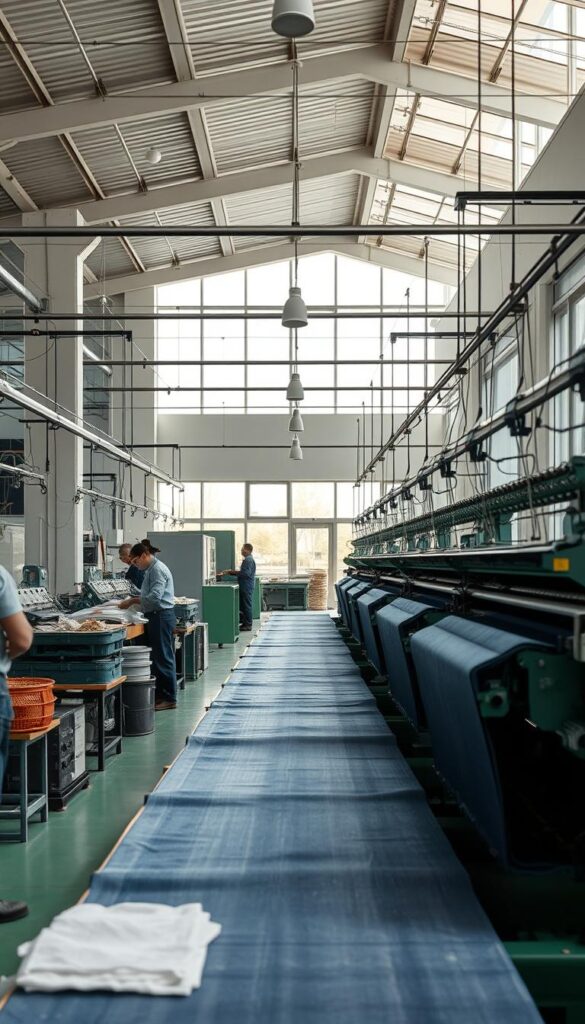 A modern, well-lit factory interior showcasing sustainable denim production methods. In the foreground, workers carefully sorting and treating raw denim fabric using eco-friendly chemicals and processes. In the middle ground, automated machines gently weaving the fabric with precision. In the background, large windows let in natural light, illuminating the clean, organized workspace. The atmosphere is one of efficiency, innovation, and environmental responsibility, with a focus on producing high-quality, long-lasting denim in a sustainable manner. A modern, well-lit factory interior showcasing sustainable denim production methods. In the foreground, workers carefully sorting and treating raw denim fabric using eco-friendly chemicals and processes. In the middle ground, automated machines gently weaving the fabric with precision. In the background, large windows let in natural light, illuminating the clean, organized workspace. The atmosphere is one of efficiency, innovation, and environmental responsibility, with a focus on producing high-quality, long-lasting denim in a sustainable manner.