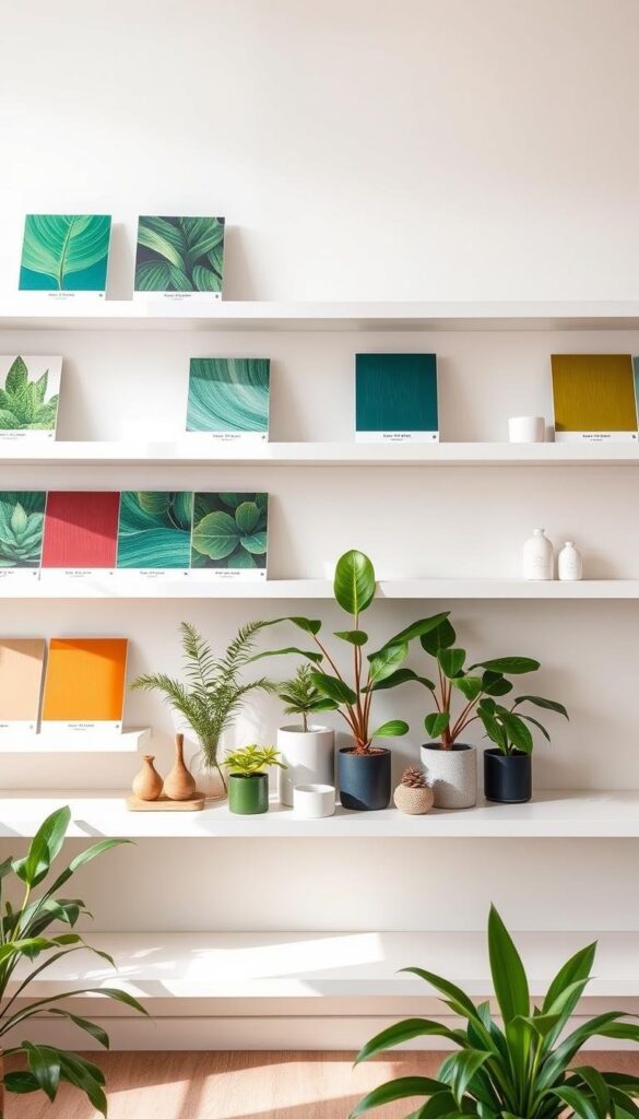 A modern, well-lit interior showcasing various eco-friendly paint samples displayed on minimalist white shelves. The paints feature vibrant, natural hues inspired by verdant foliage and earth tones. Soft, diffused lighting highlights the textural qualities of the sustainable, low-VOC paint finishes. In the middle ground, a selection of potted plants and natural decor elements complement the color palette. The background depicts a serene, neutral-toned wall, conveying a sense of organic simplicity and environmental consciousness suitable for a sustainable interior design. A modern, well-lit interior showcasing various eco-friendly paint samples displayed on minimalist white shelves. The paints feature vibrant, natural hues inspired by verdant foliage and earth tones. Soft, diffused lighting highlights the textural qualities of the sustainable, low-VOC paint finishes. In the middle ground, a selection of potted plants and natural decor elements complement the color palette. The background depicts a serene, neutral-toned wall, conveying a sense of organic simplicity and environmental consciousness suitable for a sustainable interior design.