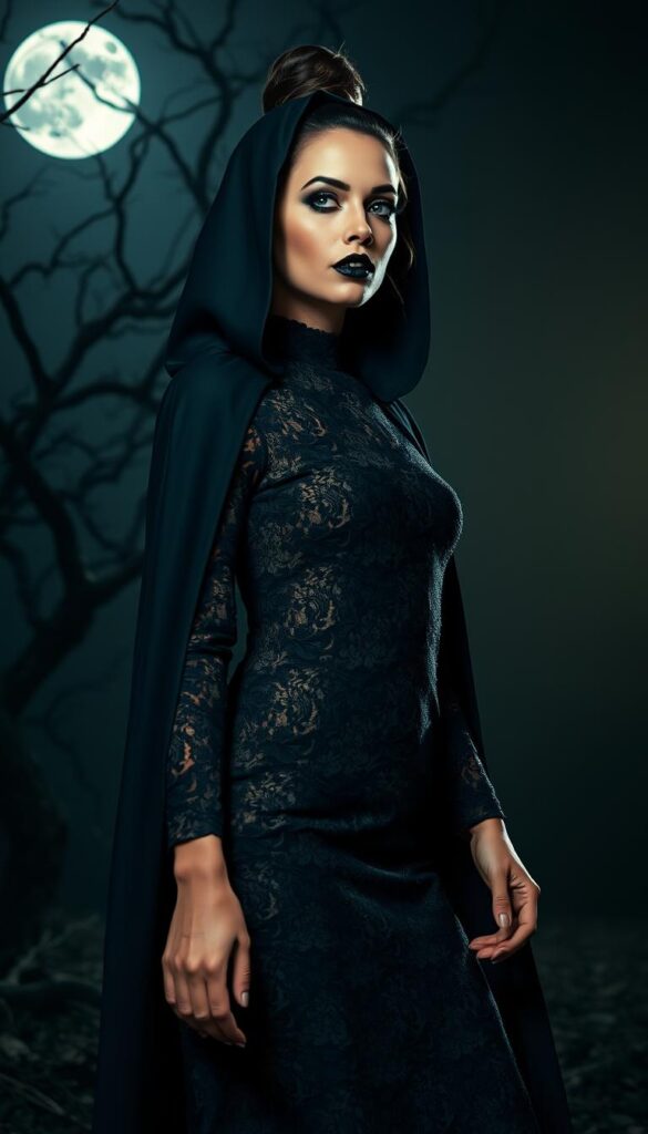 A modern witch wearing a stylish black lace dress, with a high collar and long sleeves. She has dark makeup, including black lipstick, and her hair is styled in a sleek, high bun. Over her dress, she wears a long, hooded black cloak that billows behind her as she moves. In the background, there is a dimly lit, spooky forest, with twisted, gnarled trees and a full moon casting an eerie glow. The lighting is dramatic, with shadows and highlights creating a moody, atmospheric scene. The camera angle is slightly low, giving the witch a powerful, commanding presence. A modern witch wearing a stylish black lace dress, with a high collar and long sleeves. She has dark makeup, including black lipstick, and her hair is styled in a sleek, high bun. Over her dress, she wears a long, hooded black cloak that billows behind her as she moves. In the background, there is a dimly lit, spooky forest, with twisted, gnarled trees and a full moon casting an eerie glow. The lighting is dramatic, with shadows and highlights creating a moody, atmospheric scene. The camera angle is slightly low, giving the witch a powerful, commanding presence.