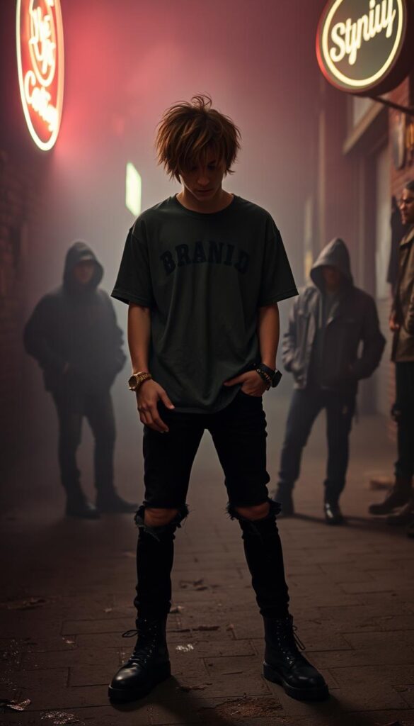 A moody, atmospheric scene showcasing modern grunge-inspired celebrity fashion. In the foreground, a figure in a distressed oversized band tee, ripped black skinny jeans, and chunky combat boots strikes a nonchalant, edgy pose. Their face is obscured by a messy, textured hairstyle in muted tones. In the middle ground, silhouettes of additional figures dressed in similar grunge-infused outfits - oversized hoodies, leather jackets, and vintage-inspired accessories. The background is a dimly lit, urban setting with crumbling brick walls, neon signs, and a hazy, moody atmosphere, creating an immersive, gritty, and visually striking scene that captures the essence of modern grunge-inspired celebrity style. A moody, atmospheric scene showcasing modern grunge-inspired celebrity fashion. In the foreground, a figure in a distressed oversized band tee, ripped black skinny jeans, and chunky combat boots strikes a nonchalant, edgy pose. Their face is obscured by a messy, textured hairstyle in muted tones. In the middle ground, silhouettes of additional figures dressed in similar grunge-infused outfits - oversized hoodies, leather jackets, and vintage-inspired accessories. The background is a dimly lit, urban setting with crumbling brick walls, neon signs, and a hazy, moody atmosphere, creating an immersive, gritty, and visually striking scene that captures the essence of modern grunge-inspired celebrity style.