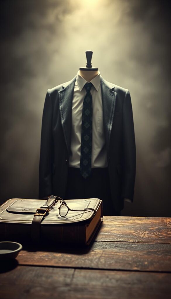 A moody, dimly lit scene showcasing the essential elements of a vintage dark academia style outfit. In the foreground, a worn leather satchel, a hardcover book with an ornate cover, and a pair of vintage-inspired eyeglasses rest on a weathered wooden table. The middle ground features a crisp, white button-down shirt and a patterned, deep green necktie, accompanied by a charcoal gray wool blazer and tailored trousers. The background is shrouded in a hazy, sepia-toned lighting, evoking a sense of timelessness and intellectual contemplation. The overall atmosphere is one of sophisticated elegance and a reverence for the pursuit of knowledge. A moody, dimly lit scene showcasing the essential elements of a vintage dark academia style outfit. In the foreground, a worn leather satchel, a hardcover book with an ornate cover, and a pair of vintage-inspired eyeglasses rest on a weathered wooden table. The middle ground features a crisp, white button-down shirt and a patterned, deep green necktie, accompanied by a charcoal gray wool blazer and tailored trousers. The background is shrouded in a hazy, sepia-toned lighting, evoking a sense of timelessness and intellectual contemplation. The overall atmosphere is one of sophisticated elegance and a reverence for the pursuit of knowledge.