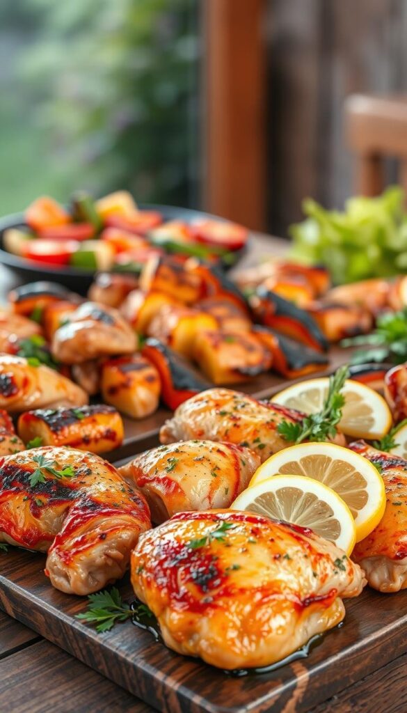 A mouthwatering array of grilled chicken dishes, artfully arranged on a rustic wooden table. In the foreground, juicy chicken thighs and breasts, their crisp, golden-brown skin glistening under soft, warm lighting. Garnished with fresh herbs, lemon wedges, and a drizzle of fragrant olive oil. In the middle ground, an assortment of grilled vegetable skewers, their vibrant colors and charred edges adding texture and depth. In the background, a blurred natural setting, perhaps a lush garden or a serene outdoor patio, creating a relaxed, al fresco ambiance. The overall scene exudes a sense of culinary expertise, inviting the viewer to imagine the flavors and the satisfying experience of these delectable grilled chicken recipes. A mouthwatering array of grilled chicken dishes, artfully arranged on a rustic wooden table. In the foreground, juicy chicken thighs and breasts, their crisp, golden-brown skin glistening under soft, warm lighting. Garnished with fresh herbs, lemon wedges, and a drizzle of fragrant olive oil. In the middle ground, an assortment of grilled vegetable skewers, their vibrant colors and charred edges adding texture and depth. In the background, a blurred natural setting, perhaps a lush garden or a serene outdoor patio, creating a relaxed, al fresco ambiance. The overall scene exudes a sense of culinary expertise, inviting the viewer to imagine the flavors and the satisfying experience of these delectable grilled chicken recipes.