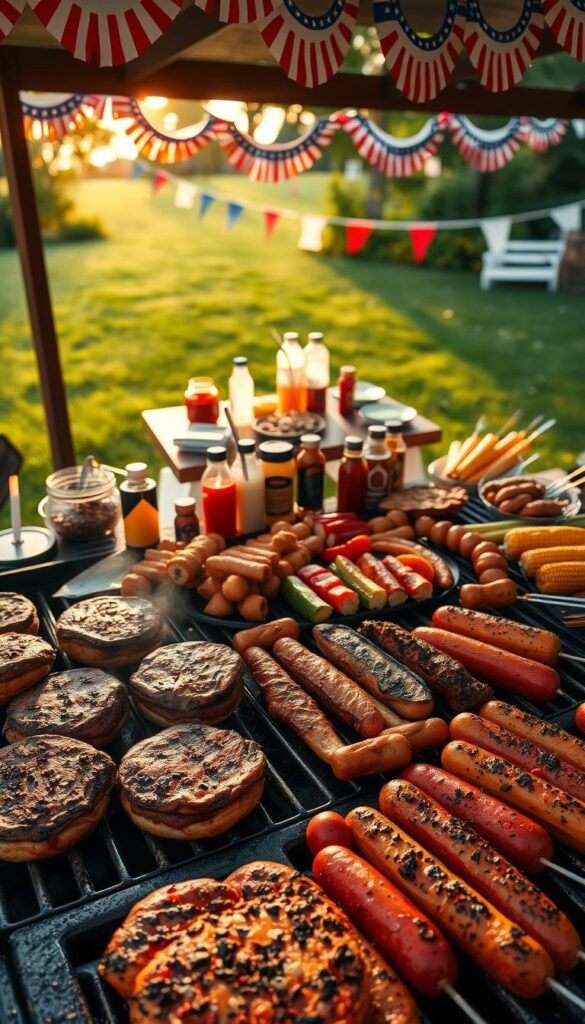 A mouthwatering display of classic American barbecue favorites, captured in a warm, summer afternoon setting. In the foreground, sizzling burgers and juicy hot dogs on a well-seasoned grill, their char-grilled aromas wafting through the air. Arranged around them, a vibrant spread of grilled vegetables, skewered meats, and golden corn on the cob. In the middle ground, a picnic table laden with an assortment of sauces, seasonings, and condiments, inviting guests to customize their creations. In the background, a lush green lawn dotted with festive red, white, and blue decorations, under a sky painted with soft, golden sunlight. The overall atmosphere exudes the joyful spirit of July 4th celebrations and the beloved American tradition of backyard barbecuing. A mouthwatering display of classic American barbecue favorites, captured in a warm, summer afternoon setting. In the foreground, sizzling burgers and juicy hot dogs on a well-seasoned grill, their char-grilled aromas wafting through the air. Arranged around them, a vibrant spread of grilled vegetables, skewered meats, and golden corn on the cob. In the middle ground, a picnic table laden with an assortment of sauces, seasonings, and condiments, inviting guests to customize their creations. In the background, a lush green lawn dotted with festive red, white, and blue decorations, under a sky painted with soft, golden sunlight. The overall atmosphere exudes the joyful spirit of July 4th celebrations and the beloved American tradition of backyard barbecuing.