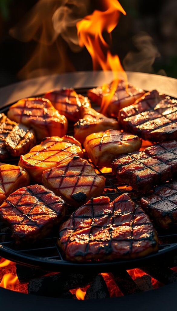 A mouthwatering display of perfectly grilled meats takes center stage, sizzling over an open flame against a backdrop of warm, golden light. Juicy steaks, tender chicken thighs, and succulent pork ribs are arranged with artful precision, their glistening surfaces caramelized to perfection. The aroma of charred and smoky goodness fills the air, inviting the senses to indulge. Subtle shadows cast by the flickering fire create a dynamic, cinematic atmosphere, heightening the sensory experience. The carefully curated composition, with thoughtful attention to lighting and camera angle, captures the essence of an alfresco summer feast, where the grilled meats reign as the undisputed stars of the celebration. A mouthwatering display of perfectly grilled meats takes center stage, sizzling over an open flame against a backdrop of warm, golden light. Juicy steaks, tender chicken thighs, and succulent pork ribs are arranged with artful precision, their glistening surfaces caramelized to perfection. The aroma of charred and smoky goodness fills the air, inviting the senses to indulge. Subtle shadows cast by the flickering fire create a dynamic, cinematic atmosphere, heightening the sensory experience. The carefully curated composition, with thoughtful attention to lighting and camera angle, captures the essence of an alfresco summer feast, where the grilled meats reign as the undisputed stars of the celebration.