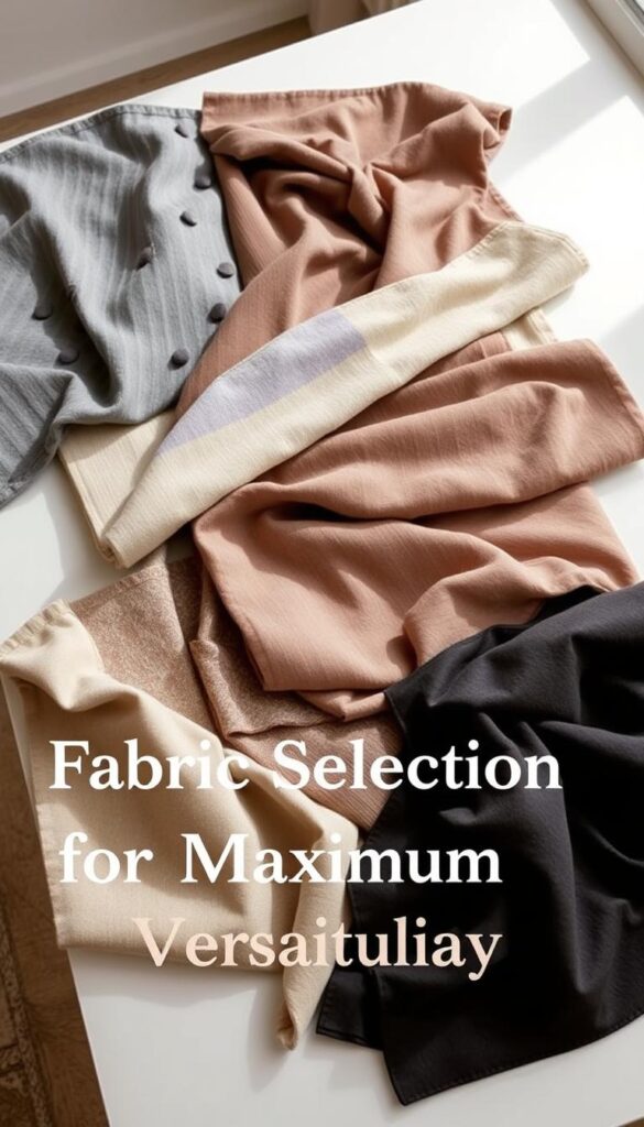 A neatly arranged assortment of fabrics in muted tones, textures, and patterns that evoke a sense of transitional style. The fabrics are displayed on a clean, well-lit table, with a soft, natural light illuminating the materials from the side. The layout is visually appealing, with the fabrics carefully curated to showcase their versatility and suitability for both winter and spring wardrobes. The overall atmosphere is one of understated elegance and thoughtful curation, reflecting the theme of "Fabric Selection for Maximum Versatility". A neatly arranged assortment of fabrics in muted tones, textures, and patterns that evoke a sense of transitional style. The fabrics are displayed on a clean, well-lit table, with a soft, natural light illuminating the materials from the side. The layout is visually appealing, with the fabrics carefully curated to showcase their versatility and suitability for both winter and spring wardrobes. The overall atmosphere is one of understated elegance and thoughtful curation, reflecting the theme of "Fabric Selection for Maximum Versatility".