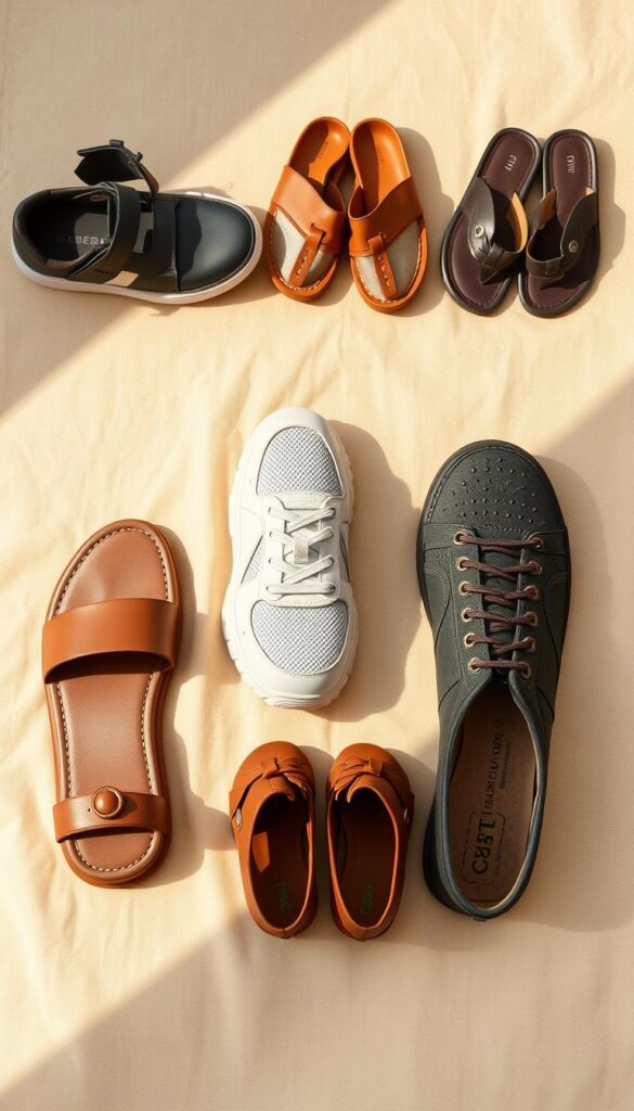 A neatly arranged assortment of versatile travel shoes sit atop a soft, beige linen fabric. In the foreground, a sleek, minimalist leather sandal, a lightweight canvas sneaker, and a sturdy, water-resistant hiking shoe stand side by side, showcasing their practicality and stylish appeal for a summer vacation wardrobe. The middle ground features a pair of classic leather loafers and a pair of comfortable, cushioned flip-flops, complementing the overall collection. Bathed in warm, natural lighting, the shoes cast soft shadows, creating a cohesive and visually appealing composition that captures the essence of accessible, multipurpose travel accessories. A neatly arranged assortment of versatile travel shoes sit atop a soft, beige linen fabric. In the foreground, a sleek, minimalist leather sandal, a lightweight canvas sneaker, and a sturdy, water-resistant hiking shoe stand side by side, showcasing their practicality and stylish appeal for a summer vacation wardrobe. The middle ground features a pair of classic leather loafers and a pair of comfortable, cushioned flip-flops, complementing the overall collection. Bathed in warm, natural lighting, the shoes cast soft shadows, creating a cohesive and visually appealing composition that captures the essence of accessible, multipurpose travel accessories.