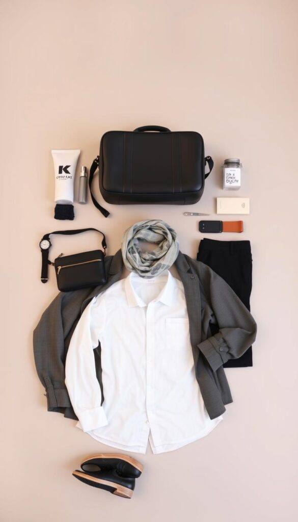 A neatly arranged collection of travel essentials laid out on a neutral-toned background. In the foreground, a versatile capsule wardrobe consisting of classic pieces like a white button-down shirt, slim-fit black pants, a lightweight jacket, and a comfortable pair of walking shoes. In the middle ground, various accessories like a cross-body bag, a pashmina scarf, and a minimalist wristwatch. In the background, a sleek suitcase or carry-on bag, a small toiletry kit, and other practical items for a streamlined, hassle-free travel experience. The lighting is soft and diffused, creating a serene, organized atmosphere that embodies the idea of a versatile, travel-ready capsule wardrobe. A neatly arranged collection of travel essentials laid out on a neutral-toned background. In the foreground, a versatile capsule wardrobe consisting of classic pieces like a white button-down shirt, slim-fit black pants, a lightweight jacket, and a comfortable pair of walking shoes. In the middle ground, various accessories like a cross-body bag, a pashmina scarf, and a minimalist wristwatch. In the background, a sleek suitcase or carry-on bag, a small toiletry kit, and other practical items for a streamlined, hassle-free travel experience. The lighting is soft and diffused, creating a serene, organized atmosphere that embodies the idea of a versatile, travel-ready capsule wardrobe.