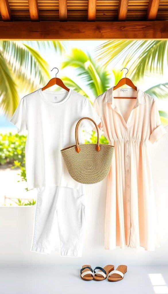A neatly arranged collection of vacation essentials against a bright, airy backdrop. In the foreground, a crisp white t-shirt, tailored shorts, and a flowing sundress in a soft pastel hue. In the middle ground, a straw tote, a pair of comfortable sandals, and a lightweight button-down shirt. The background features a vibrant tropical landscape, with lush greenery and a glimpse of a sun-dappled beach. The overall scene exudes a sense of effortless style and relaxation, capturing the quintessential elements of a versatile vacation wardrobe. A neatly arranged collection of vacation essentials against a bright, airy backdrop. In the foreground, a crisp white t-shirt, tailored shorts, and a flowing sundress in a soft pastel hue. In the middle ground, a straw tote, a pair of comfortable sandals, and a lightweight button-down shirt. The background features a vibrant tropical landscape, with lush greenery and a glimpse of a sun-dappled beach. The overall scene exudes a sense of effortless style and relaxation, capturing the quintessential elements of a versatile vacation wardrobe.