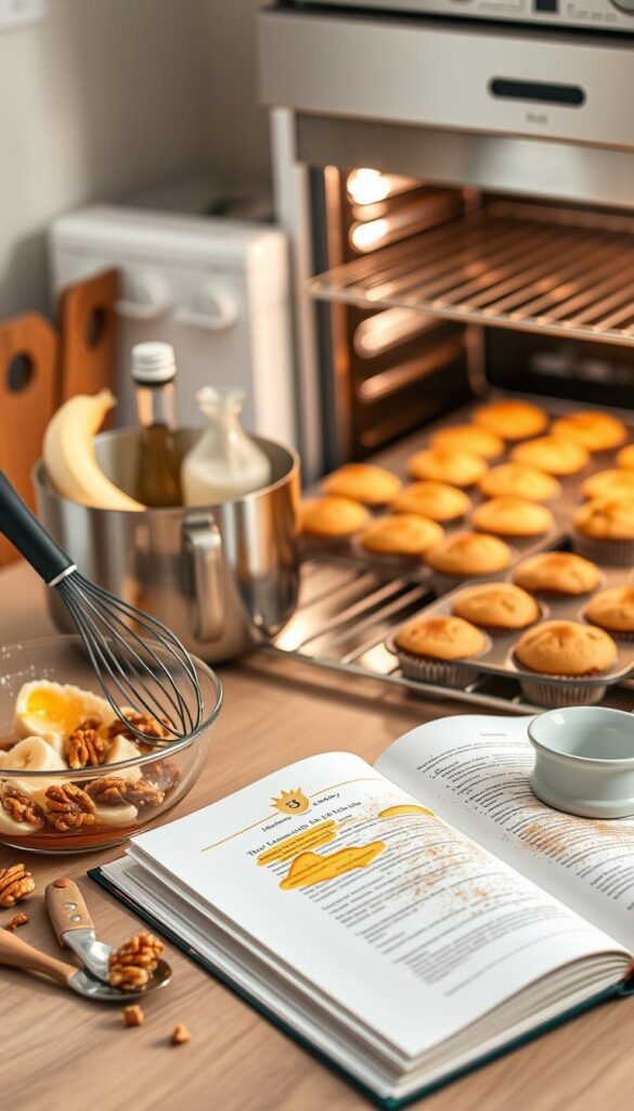 A neatly arranged kitchen counter, bathed in warm, soft lighting. In the foreground, a mixing bowl filled with freshly mashed bananas, chopped walnuts, and a drizzle of golden honey. Beside it, a set of precision baking tools - a whisk, a rubber spatula, and a perfectly measured cup of flour. In the middle ground, an open recipe book, its pages showcasing the steps for crafting perfect muffins. In the background, a gleaming oven, its door slightly ajar, revealing a tray of golden-brown muffins, their tops lightly domed and dusted with a delicate sprinkle of cinnamon. The entire scene exudes a sense of culinary mastery and attention to detail, inviting the viewer to imagine the delightful flavors and textures of the Banana Nut Muffins with Honey Drizzle. A neatly arranged kitchen counter, bathed in warm, soft lighting. In the foreground, a mixing bowl filled with freshly mashed bananas, chopped walnuts, and a drizzle of golden honey. Beside it, a set of precision baking tools - a whisk, a rubber spatula, and a perfectly measured cup of flour. In the middle ground, an open recipe book, its pages showcasing the steps for crafting perfect muffins. In the background, a gleaming oven, its door slightly ajar, revealing a tray of golden-brown muffins, their tops lightly domed and dusted with a delicate sprinkle of cinnamon. The entire scene exudes a sense of culinary mastery and attention to detail, inviting the viewer to imagine the delightful flavors and textures of the Banana Nut Muffins with Honey Drizzle.