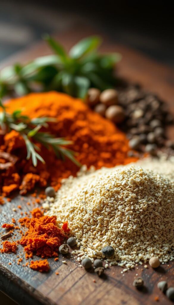 A neatly arranged medley of aromatic spices and herbs, glistening with a light sheen, resting on a rustic wooden surface. The foreground showcases an array of vibrant colors - the deep amber of paprika, the earthy green of dried thyme, the warm brown of ground black pepper. In the middle ground, a cutting board or plate provides a canvas for this culinary symphony, with the background subtly blurred, allowing the seasoning to take center stage. Soft, dramatic lighting casts subtle shadows, highlighting the textural details of each ingredient, creating a sense of depth and dimension. The overall composition exudes a sense of culinary expertise, inviting the viewer to imagine the possibilities of perfectly seasoned grilled chicken. A neatly arranged medley of aromatic spices and herbs, glistening with a light sheen, resting on a rustic wooden surface. The foreground showcases an array of vibrant colors - the deep amber of paprika, the earthy green of dried thyme, the warm brown of ground black pepper. In the middle ground, a cutting board or plate provides a canvas for this culinary symphony, with the background subtly blurred, allowing the seasoning to take center stage. Soft, dramatic lighting casts subtle shadows, highlighting the textural details of each ingredient, creating a sense of depth and dimension. The overall composition exudes a sense of culinary expertise, inviting the viewer to imagine the possibilities of perfectly seasoned grilled chicken.