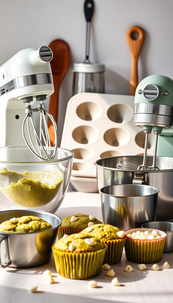 A neatly arranged still life of essential baking tools for moist, delectable muffins. In the foreground, a mixing bowl, hand mixer, and measuring cups in stainless steel, reflecting soft natural light. In the middle ground, a silicone muffin tin, a wooden spoon, and a pastry brush, hinting at the care and precision required. In the background, a sifter, a whisk, and a set of measuring spoons, complementing the baking theme. The overall mood is one of culinary focus and dedication, with a warm, inviting atmosphere that sets the stage for creating the perfect batch of Matcha Green Tea Muffins with White Chocolate Chips. A neatly arranged still life of essential baking tools for moist, delectable muffins. In the foreground, a mixing bowl, hand mixer, and measuring cups in stainless steel, reflecting soft natural light. In the middle ground, a silicone muffin tin, a wooden spoon, and a pastry brush, hinting at the care and precision required. In the background, a sifter, a whisk, and a set of measuring spoons, complementing the baking theme. The overall mood is one of culinary focus and dedication, with a warm, inviting atmosphere that sets the stage for creating the perfect batch of Matcha Green Tea Muffins with White Chocolate Chips.