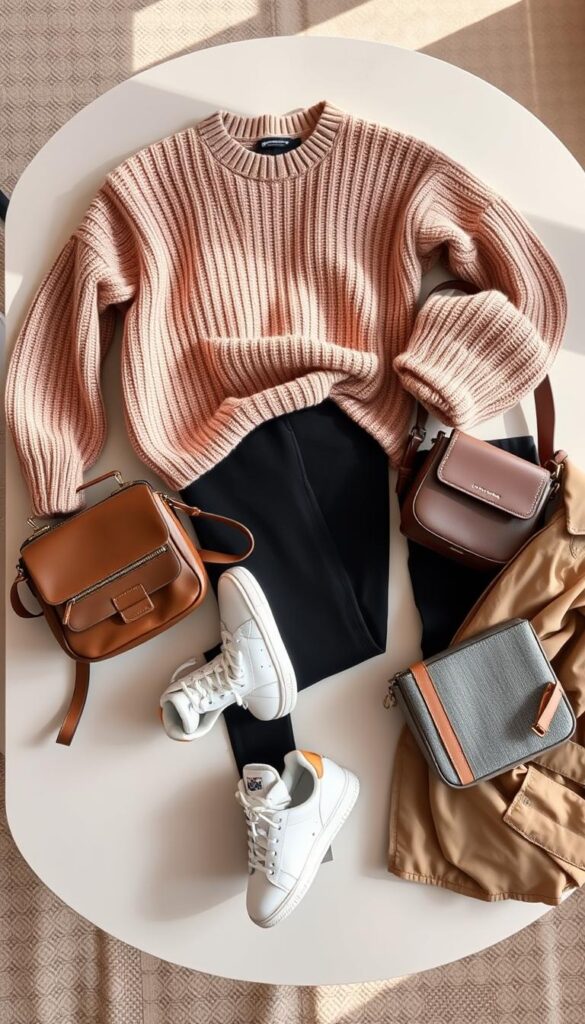 A neatly arranged table displaying the essential elements of a cute airport outfit: a cozy oversized sweater, a pair of comfortable yet stylish high-waisted leggings, classic white sneakers, a practical yet fashionable crossbody bag, and a warm, lightweight jacket. The items are illuminated by soft, natural lighting, and the camera angle captures the items from a slightly elevated perspective, creating a visually appealing and aspirational scene. The overall mood is relaxed, practical, and fashionable, reflecting the section's focus on essential airport style. A neatly arranged table displaying the essential elements of a cute airport outfit: a cozy oversized sweater, a pair of comfortable yet stylish high-waisted leggings, classic white sneakers, a practical yet fashionable crossbody bag, and a warm, lightweight jacket. The items are illuminated by soft, natural lighting, and the camera angle captures the items from a slightly elevated perspective, creating a visually appealing and aspirational scene. The overall mood is relaxed, practical, and fashionable, reflecting the section's focus on essential airport style.