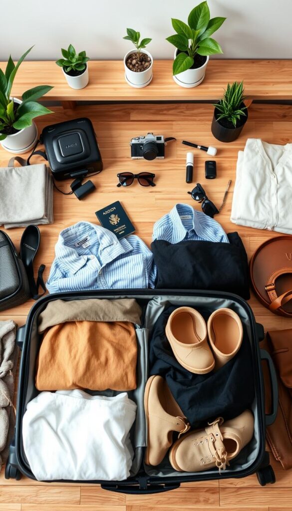 A neatly arranged travel packing scene with various luggage, accessories, and clothing items. The foreground features an open suitcase with folded apparel, shoes, and a toiletry bag. The middle ground showcases a passport, sunglasses, a camera, and other travel essentials. The background depicts a minimalist wooden table with potted plants, creating a warm, natural ambiance. The lighting is soft and diffused, highlighting the textures and colors of the items. The overall mood is organized, peaceful, and inspiring, inviting the viewer to plan their own stylish travel wardrobe. A neatly arranged travel packing scene with various luggage, accessories, and clothing items. The foreground features an open suitcase with folded apparel, shoes, and a toiletry bag. The middle ground showcases a passport, sunglasses, a camera, and other travel essentials. The background depicts a minimalist wooden table with potted plants, creating a warm, natural ambiance. The lighting is soft and diffused, highlighting the textures and colors of the items. The overall mood is organized, peaceful, and inspiring, inviting the viewer to plan their own stylish travel wardrobe.