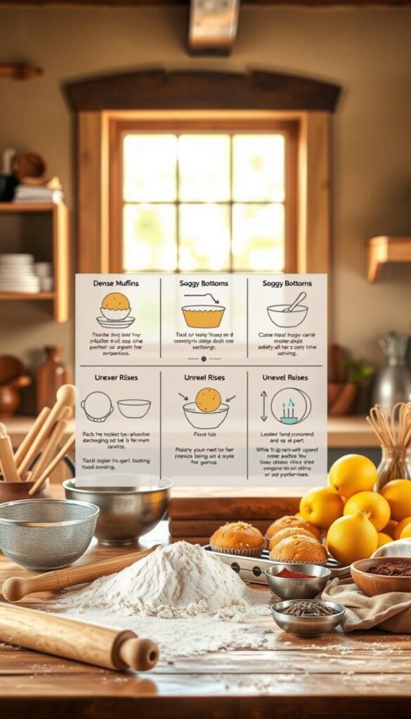 A neatly organized baking troubleshooting guide, presented against a warm, rustic kitchen backdrop. In the foreground, an array of baking tools and ingredients - rolling pin, flour sifter, mixing bowls, and an assortment of spices. In the middle ground, a series of illustrated diagrams and infographics depicting common baking problems and their solutions, such as dense muffins, soggy bottoms, and uneven rises. The lighting is soft and natural, emanating from a large window, casting a gentle glow over the scene. The overall atmosphere conveys a sense of helpfulness and culinary expertise, perfect for visually guiding the reader through the troubleshooting process for perfecting their lemon poppy seed muffins. A neatly organized baking troubleshooting guide, presented against a warm, rustic kitchen backdrop. In the foreground, an array of baking tools and ingredients - rolling pin, flour sifter, mixing bowls, and an assortment of spices. In the middle ground, a series of illustrated diagrams and infographics depicting common baking problems and their solutions, such as dense muffins, soggy bottoms, and uneven rises. The lighting is soft and natural, emanating from a large window, casting a gentle glow over the scene. The overall atmosphere conveys a sense of helpfulness and culinary expertise, perfect for visually guiding the reader through the troubleshooting process for perfecting their lemon poppy seed muffins.