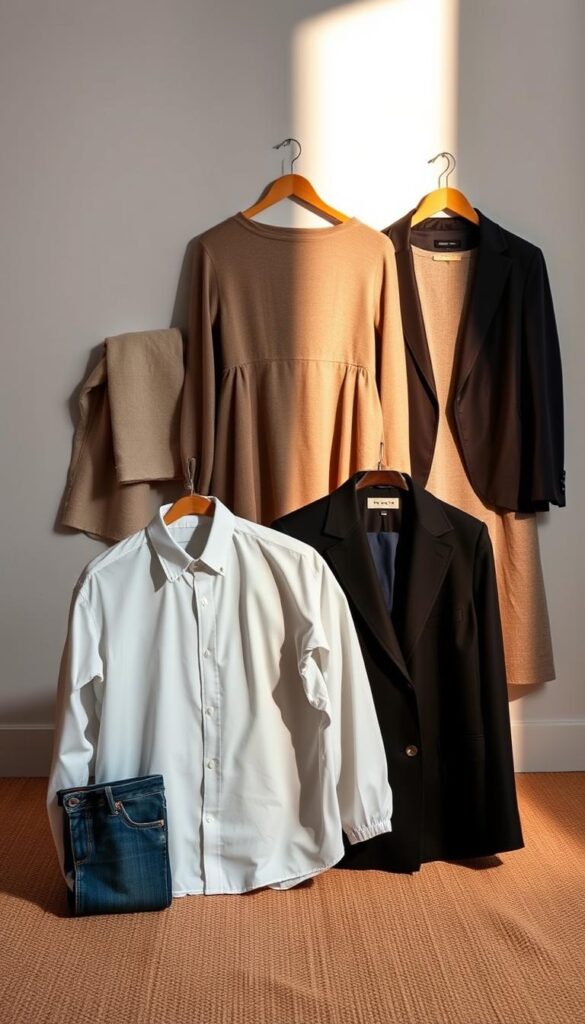A neatly organized display of essential wardrobe items against a softly-lit, minimalist background. In the foreground, a crisp white button-down shirt, classic blue jeans, and a timeless black blazer, arranged with precision. In the middle ground, a neutral-toned cashmere sweater, a versatile midi skirt, and a pair of leather loafers. The background features subtle textural elements, like a linen throw and a weathered wooden surface, creating a sense of elegance and simplicity. Gentle shadows and warm, directional lighting illuminate the scene, highlighting the quality and versatility of these essential capsule wardrobe pieces. A neatly organized display of essential wardrobe items against a softly-lit, minimalist background. In the foreground, a crisp white button-down shirt, classic blue jeans, and a timeless black blazer, arranged with precision. In the middle ground, a neutral-toned cashmere sweater, a versatile midi skirt, and a pair of leather loafers. The background features subtle textural elements, like a linen throw and a weathered wooden surface, creating a sense of elegance and simplicity. Gentle shadows and warm, directional lighting illuminate the scene, highlighting the quality and versatility of these essential capsule wardrobe pieces.