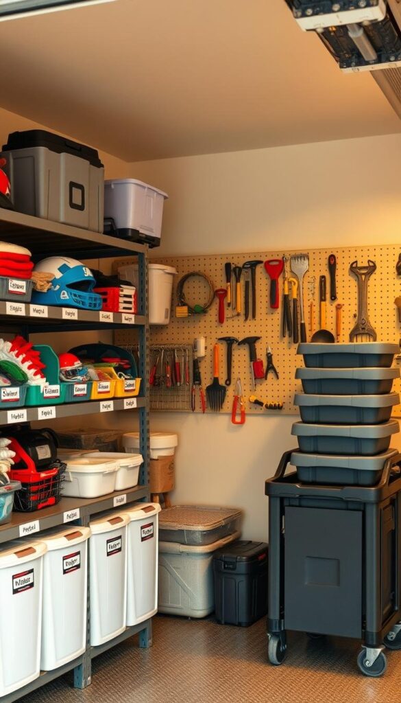 A neatly organized garage space, with seasonal storage solutions in place. The foreground showcases a set of shelves, meticulously arranged with labeled bins containing winter gear, summer sports equipment, and holiday decorations. The middle ground features a workbench topped with tools and a pegboard displaying various garden implements. In the background, a stack of sturdy plastic totes sits atop a rolling cart, ready to accommodate the changing needs of the seasons. Warm, directional lighting illuminates the scene, creating a sense of efficiency and purpose. The overall atmosphere conveys a well-designed, functional space that maximizes storage and accessibility. A neatly organized garage space, with seasonal storage solutions in place. The foreground showcases a set of shelves, meticulously arranged with labeled bins containing winter gear, summer sports equipment, and holiday decorations. The middle ground features a workbench topped with tools and a pegboard displaying various garden implements. In the background, a stack of sturdy plastic totes sits atop a rolling cart, ready to accommodate the changing needs of the seasons. Warm, directional lighting illuminates the scene, creating a sense of efficiency and purpose. The overall atmosphere conveys a well-designed, functional space that maximizes storage and accessibility.