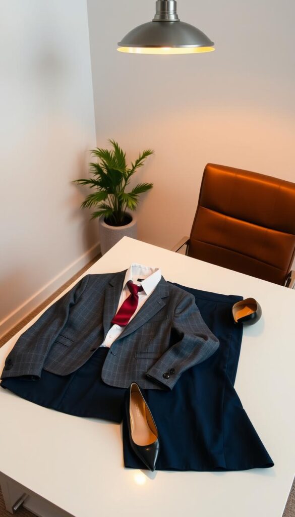 A neatly organized office setting with a sleek desk, a comfortable leather office chair, and a potted plant for a touch of greenery. Illuminated by warm, directional lighting from a modern pendant lamp, the scene showcases two professional outfits laid out on the desk. One ensemble features a tailored gray suit with a crisp white shirt, a maroon tie, and polished leather dress shoes. The other outfit consists of a navy blue skirt, a beige blouse, and classic black pumps. The outfits exude an air of sophistication and practicality, perfect for a polished, corporate work environment. The composition emphasizes the refined, minimalist aesthetic, inviting the viewer to envision themselves donning these versatile, office-ready looks. A neatly organized office setting with a sleek desk, a comfortable leather office chair, and a potted plant for a touch of greenery. Illuminated by warm, directional lighting from a modern pendant lamp, the scene showcases two professional outfits laid out on the desk. One ensemble features a tailored gray suit with a crisp white shirt, a maroon tie, and polished leather dress shoes. The other outfit consists of a navy blue skirt, a beige blouse, and classic black pumps. The outfits exude an air of sophistication and practicality, perfect for a polished, corporate work environment. The composition emphasizes the refined, minimalist aesthetic, inviting the viewer to envision themselves donning these versatile, office-ready looks.