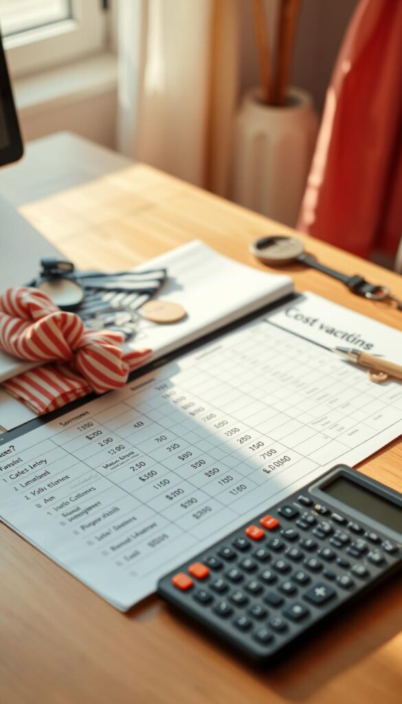 A neatly organized spreadsheet on a wooden desk, displaying various summer vacation clothing items and their corresponding costs. The items are arranged in a visually appealing manner, with fabric swatches, clothing tags, and a calculator nearby. The lighting is warm and natural, creating a cozy, analytical atmosphere. The perspective is slightly elevated, allowing the viewer to see the details of the document clearly. The background is blurred, with hints of a sunny window or minimalist decor, emphasizing the focus on the cost analysis. A neatly organized spreadsheet on a wooden desk, displaying various summer vacation clothing items and their corresponding costs. The items are arranged in a visually appealing manner, with fabric swatches, clothing tags, and a calculator nearby. The lighting is warm and natural, creating a cozy, analytical atmosphere. The perspective is slightly elevated, allowing the viewer to see the details of the document clearly. The background is blurred, with hints of a sunny window or minimalist decor, emphasizing the focus on the cost analysis.