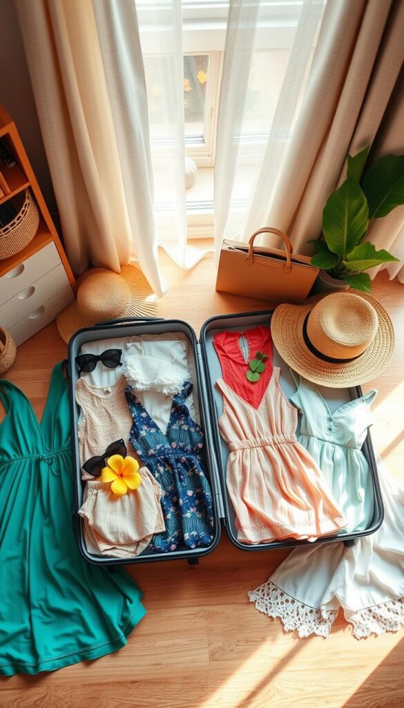 A neatly organized workspace with an open suitcase, a variety of summer outfits laid out, and accessories like sunglasses, a straw hat, and a tropical flower. The lighting is warm and inviting, with soft natural sunlight filtering through a window. The camera angle is slightly elevated, giving a bird's-eye view of the scene. The mood is one of calm, focused preparation, with a sense of excitement for the upcoming vacation. The outfits range from casual sundresses to chic beach-ready ensembles, showcasing a variety of summer style options. A neatly organized workspace with an open suitcase, a variety of summer outfits laid out, and accessories like sunglasses, a straw hat, and a tropical flower. The lighting is warm and inviting, with soft natural sunlight filtering through a window. The camera angle is slightly elevated, giving a bird's-eye view of the scene. The mood is one of calm, focused preparation, with a sense of excitement for the upcoming vacation. The outfits range from casual sundresses to chic beach-ready ensembles, showcasing a variety of summer style options.